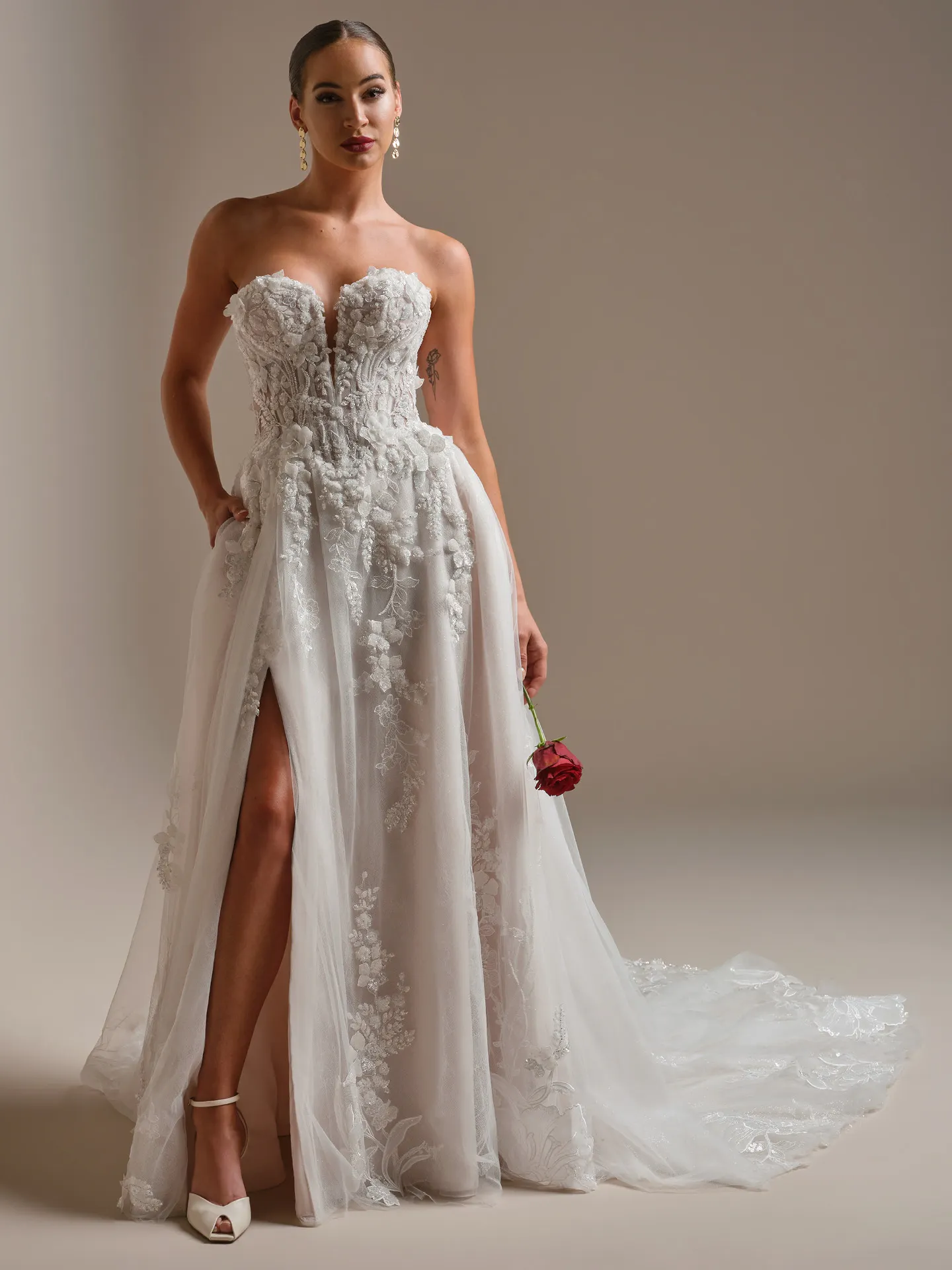 Sottero and Midgley Twilight Lane, front view A-Line 3D beaded lace wedding dress with slit.