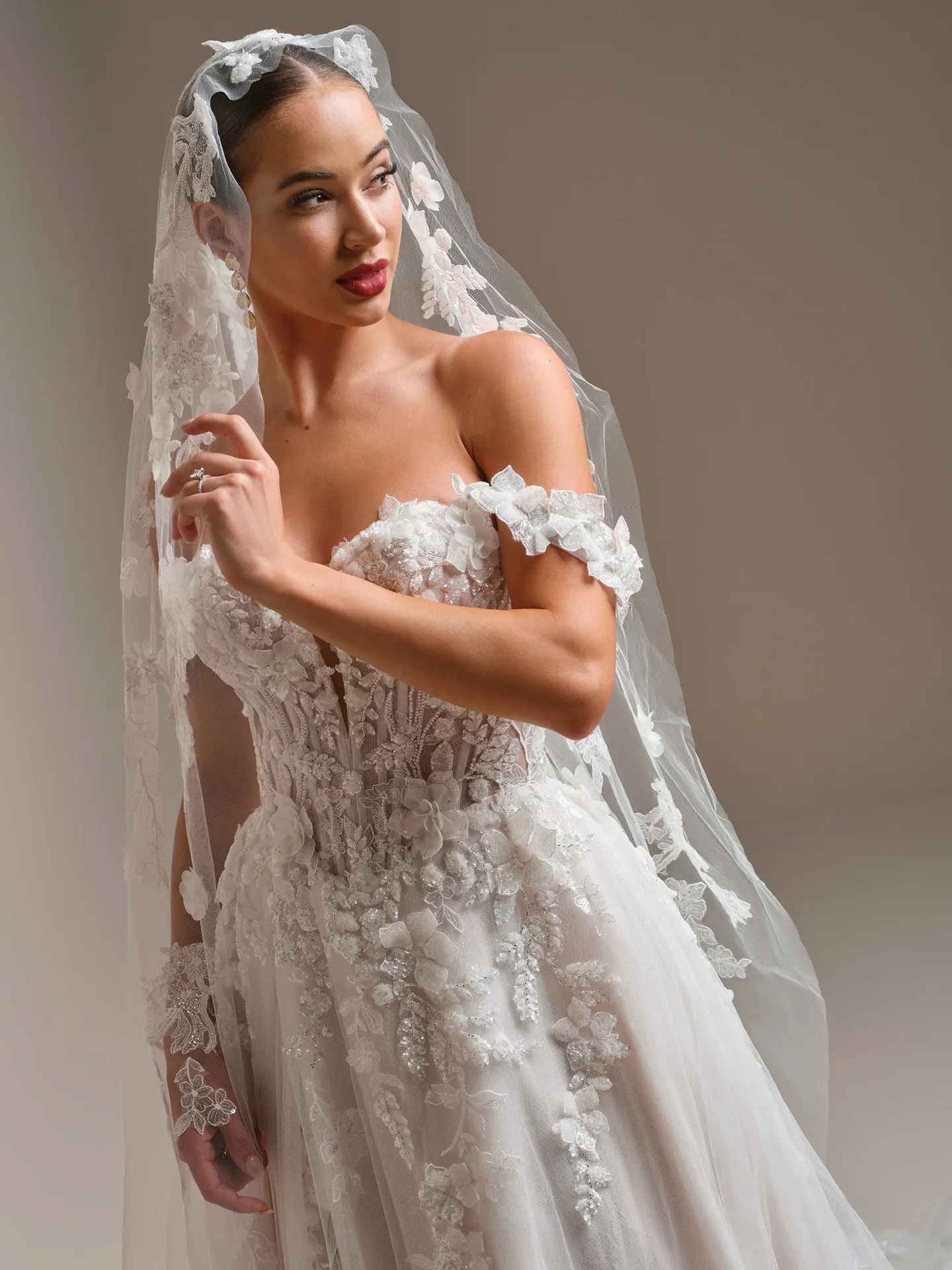 Sottero and Midgley Twilight Lane, front view with 3-D beaded lace and floral motifs.