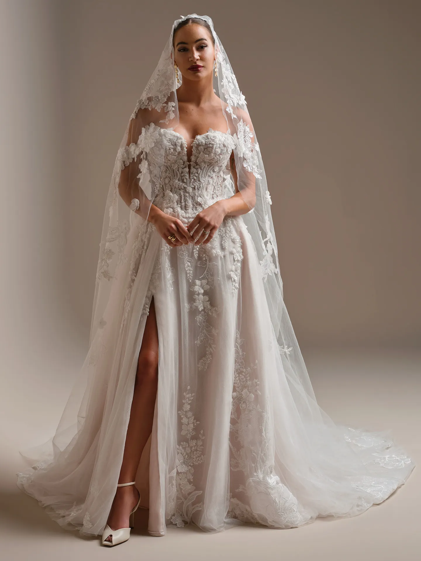 Sottero and Midgley Twilight Lane, front view lace A-line wedding dress with veil.