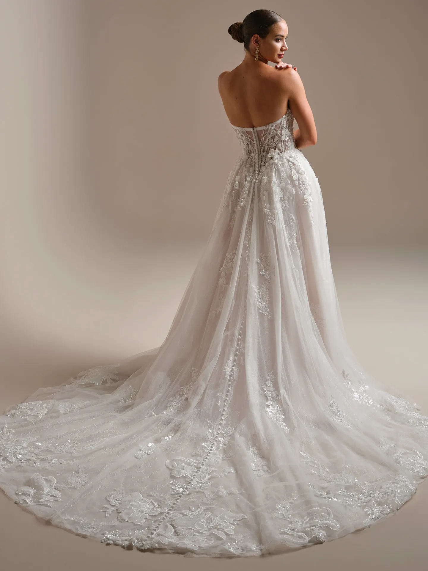 Sottero and Midgley Twilight Lane, back view A-Line 3-D beaded lace wedding dress.