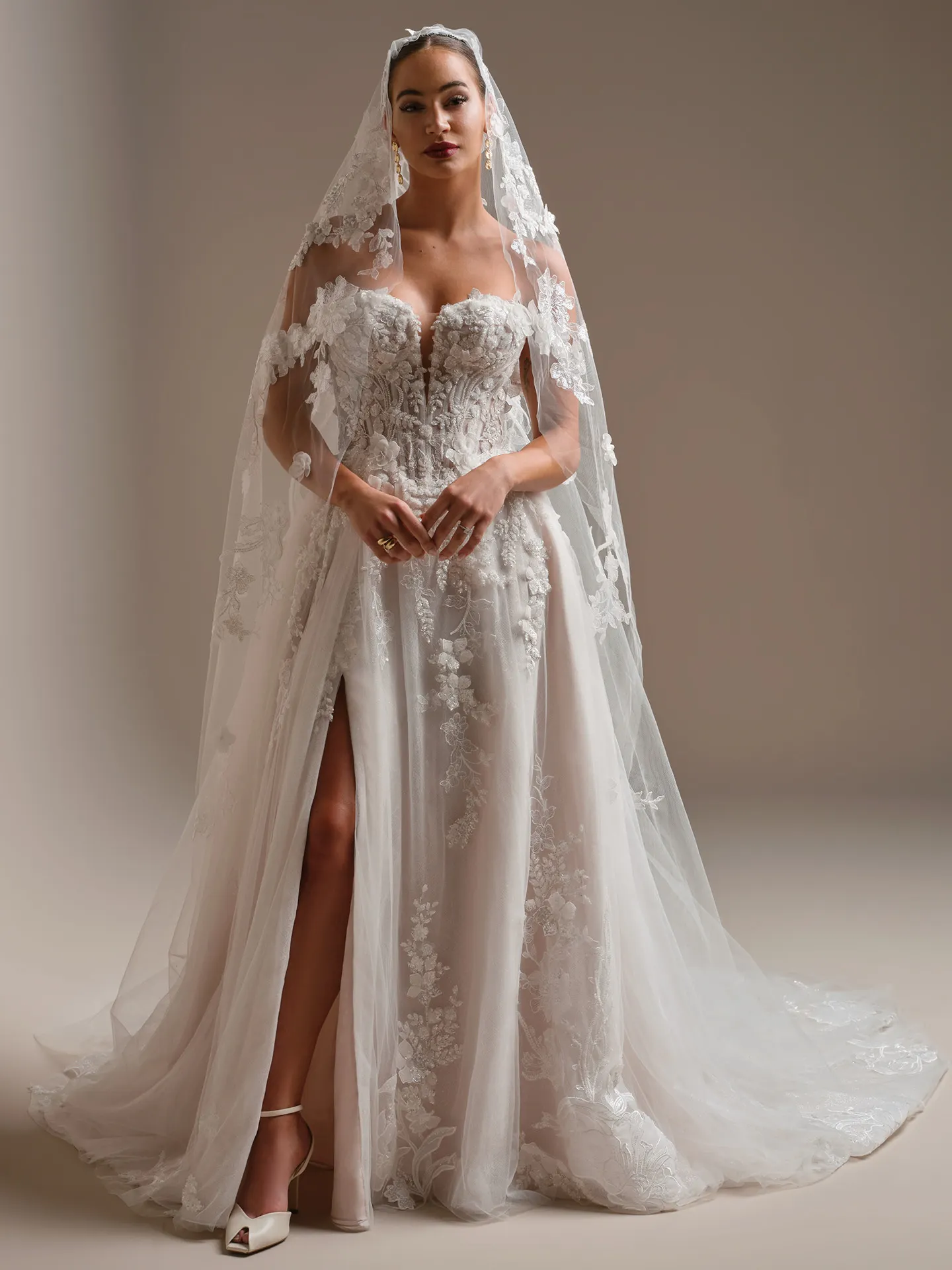 Sottero and Midgley Twilight Lane, front view with beaded lace cathedral veil.