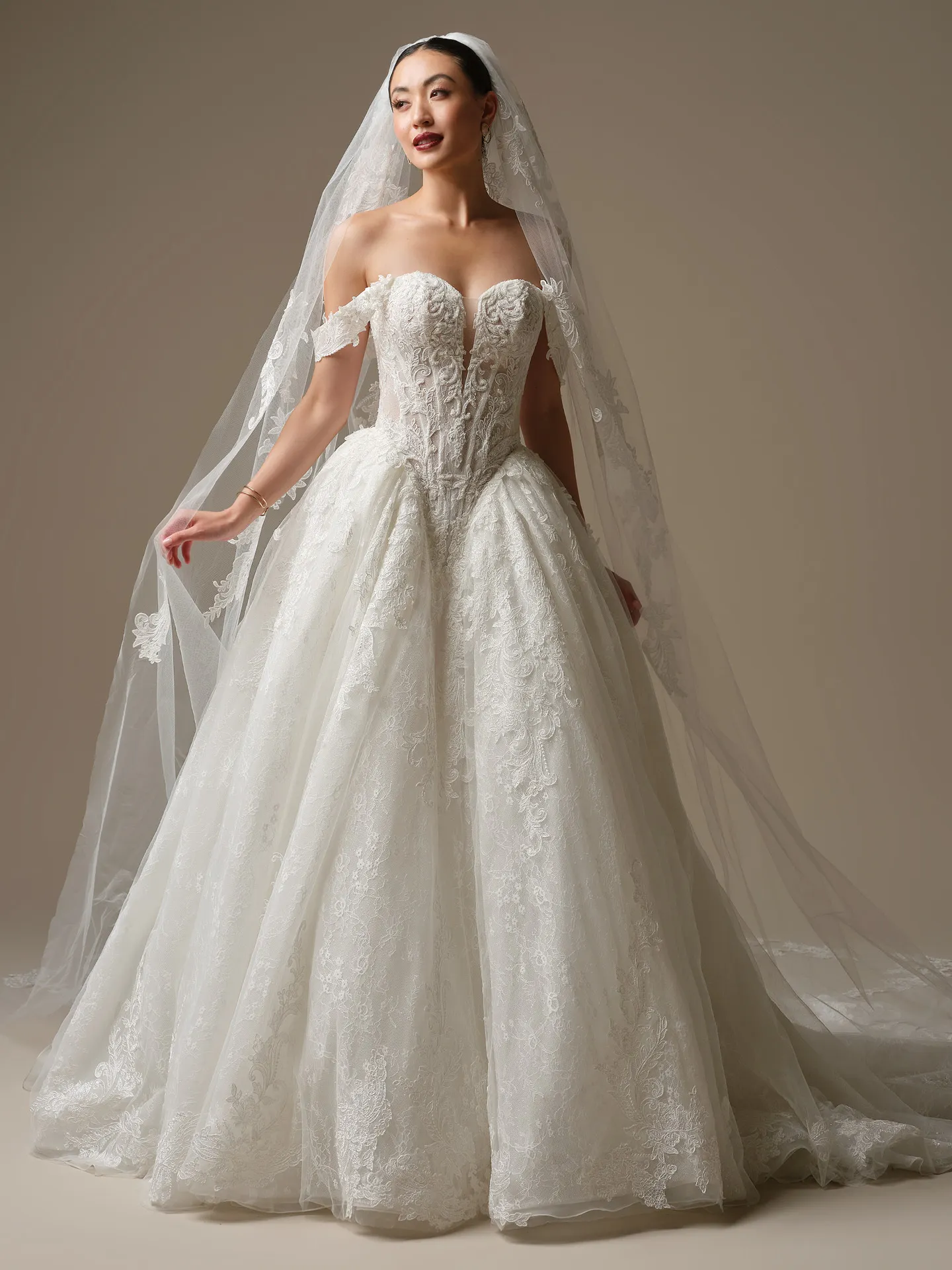 Sottero and Midgley Zulani, front view strapless lace ballgown with veil.