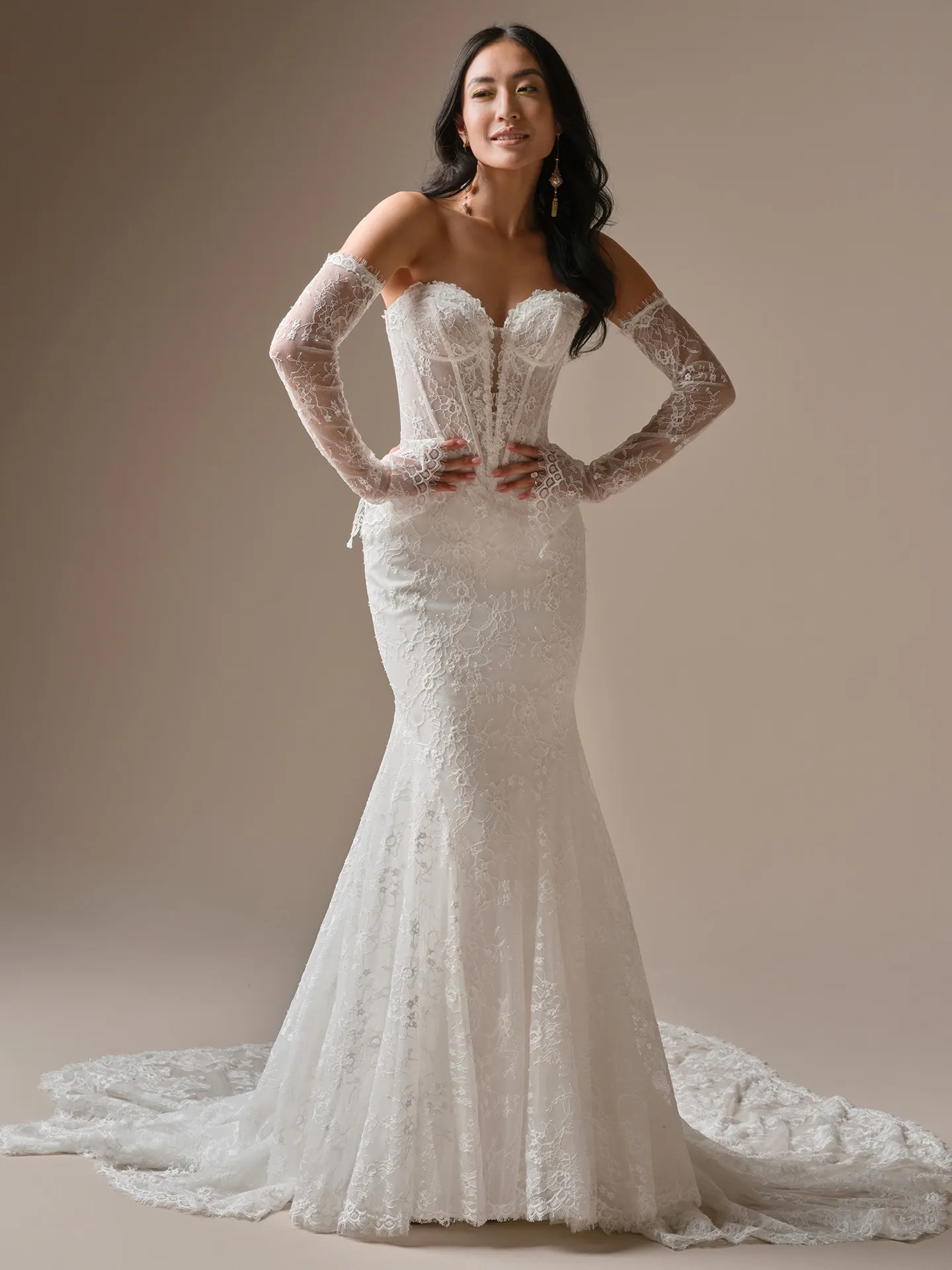 Maggie Sottero Bellevue strapless lace mermaid dress, front view.