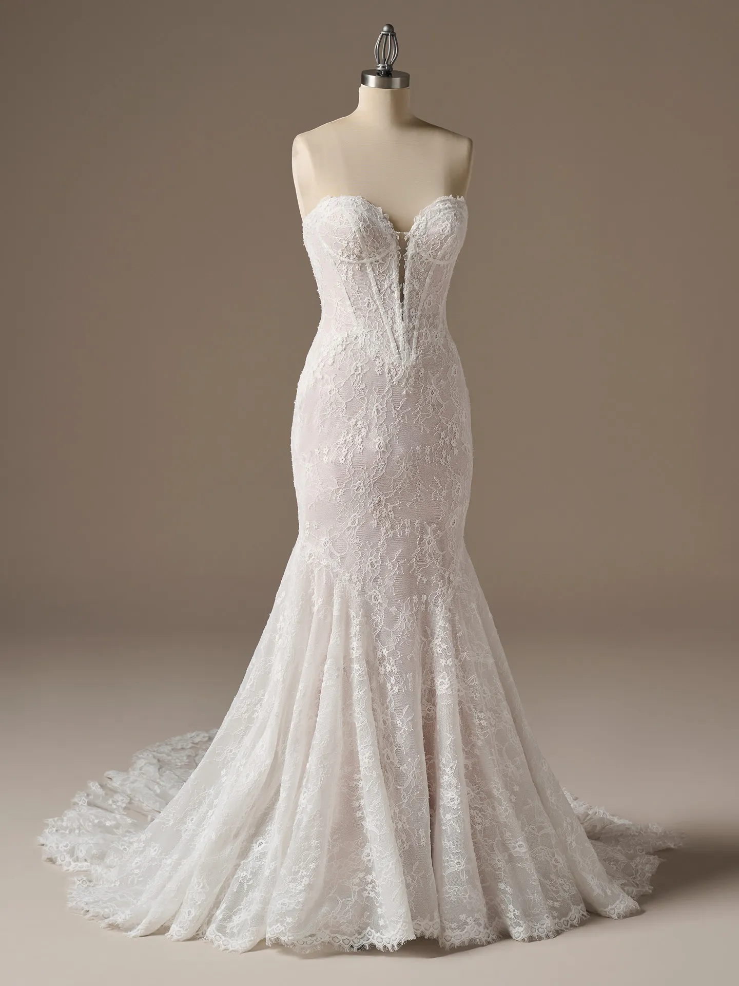 Maggie Sottero Bellevue, front view strapless lace mermaid wedding dress.