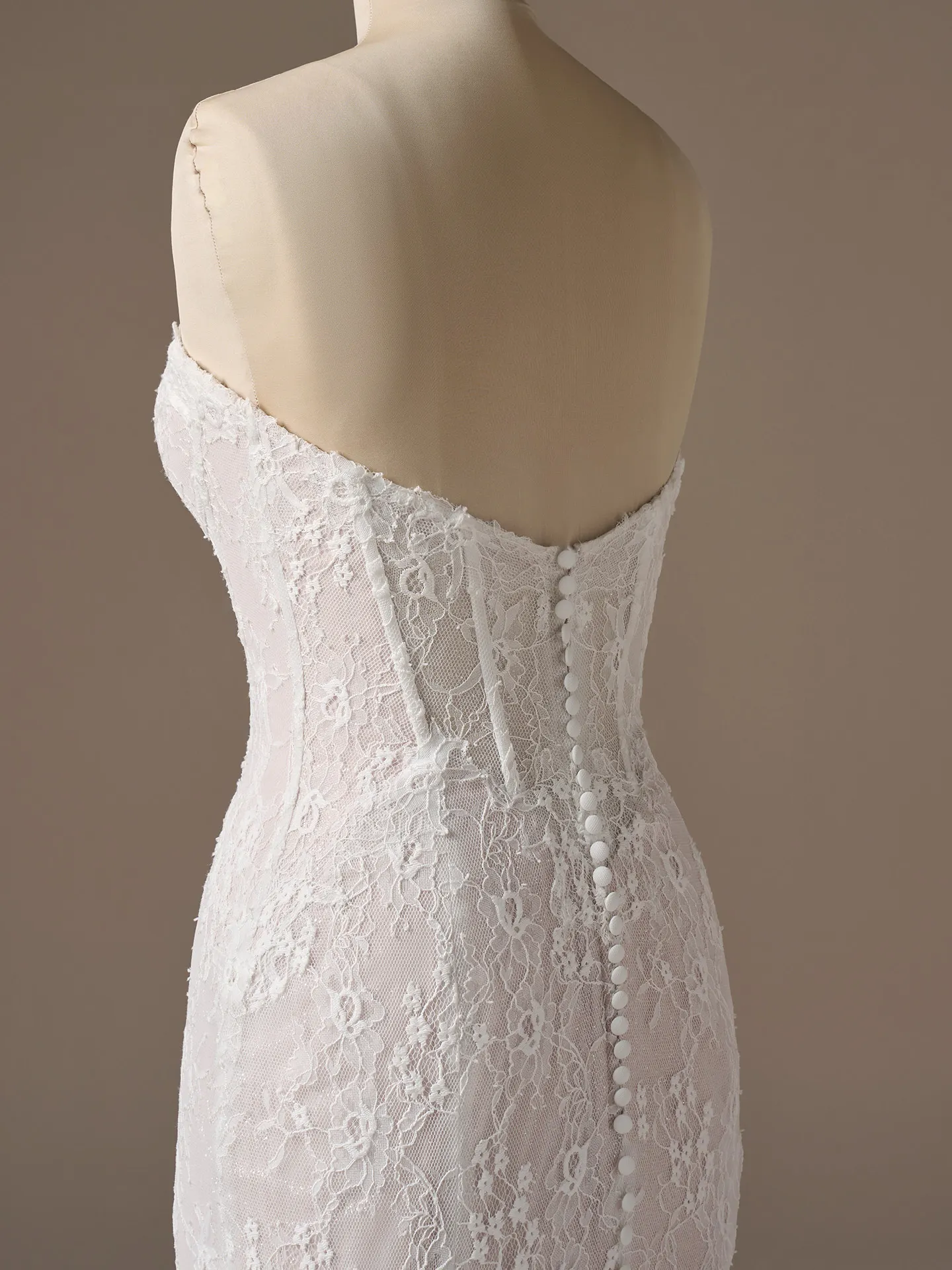 Maggie Sottero Bellevue, back view, strapless lace mermaid wedding dress.