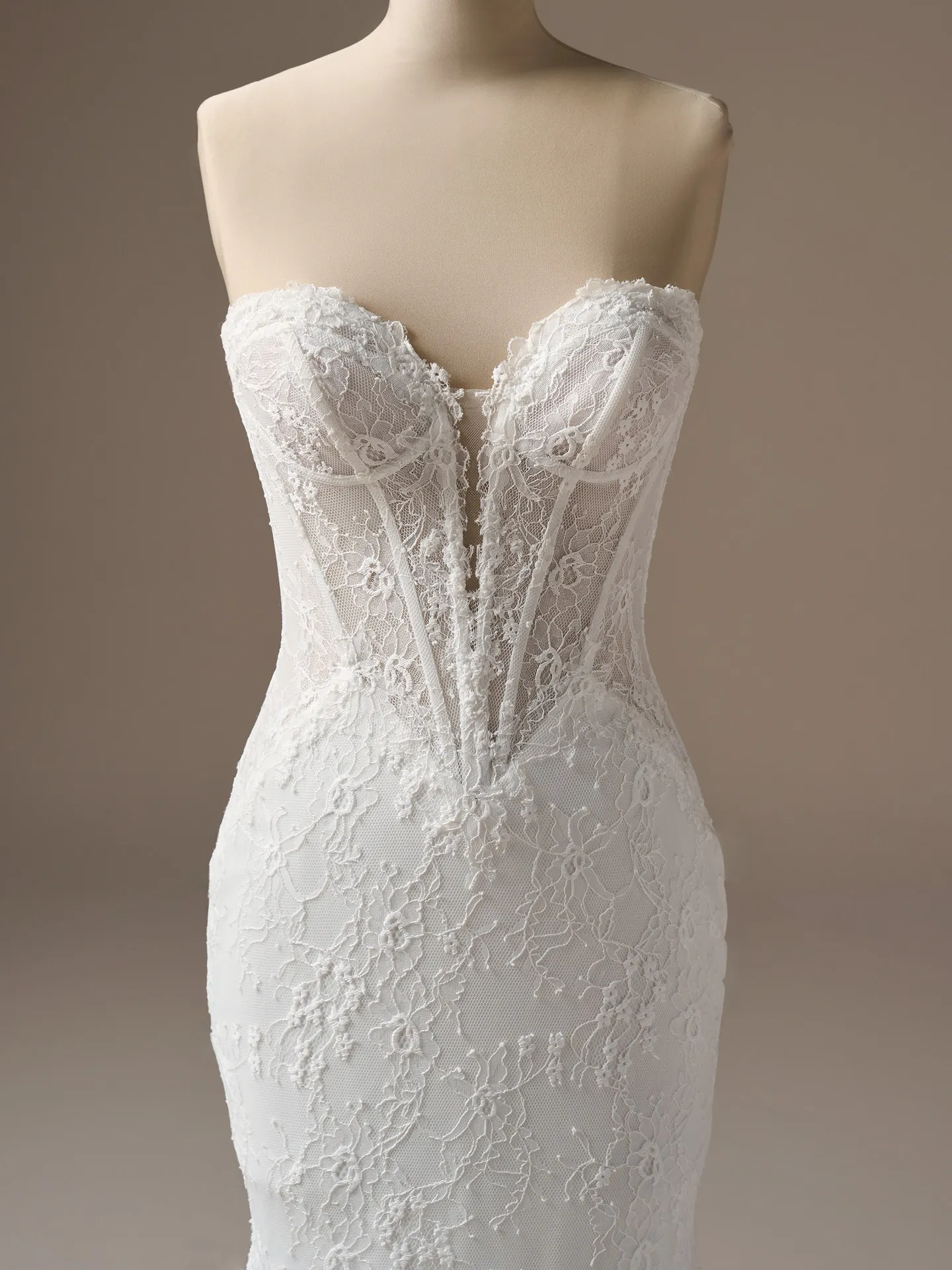 Maggie Sottero Bellevue strapless lace mermaid dress, front view.