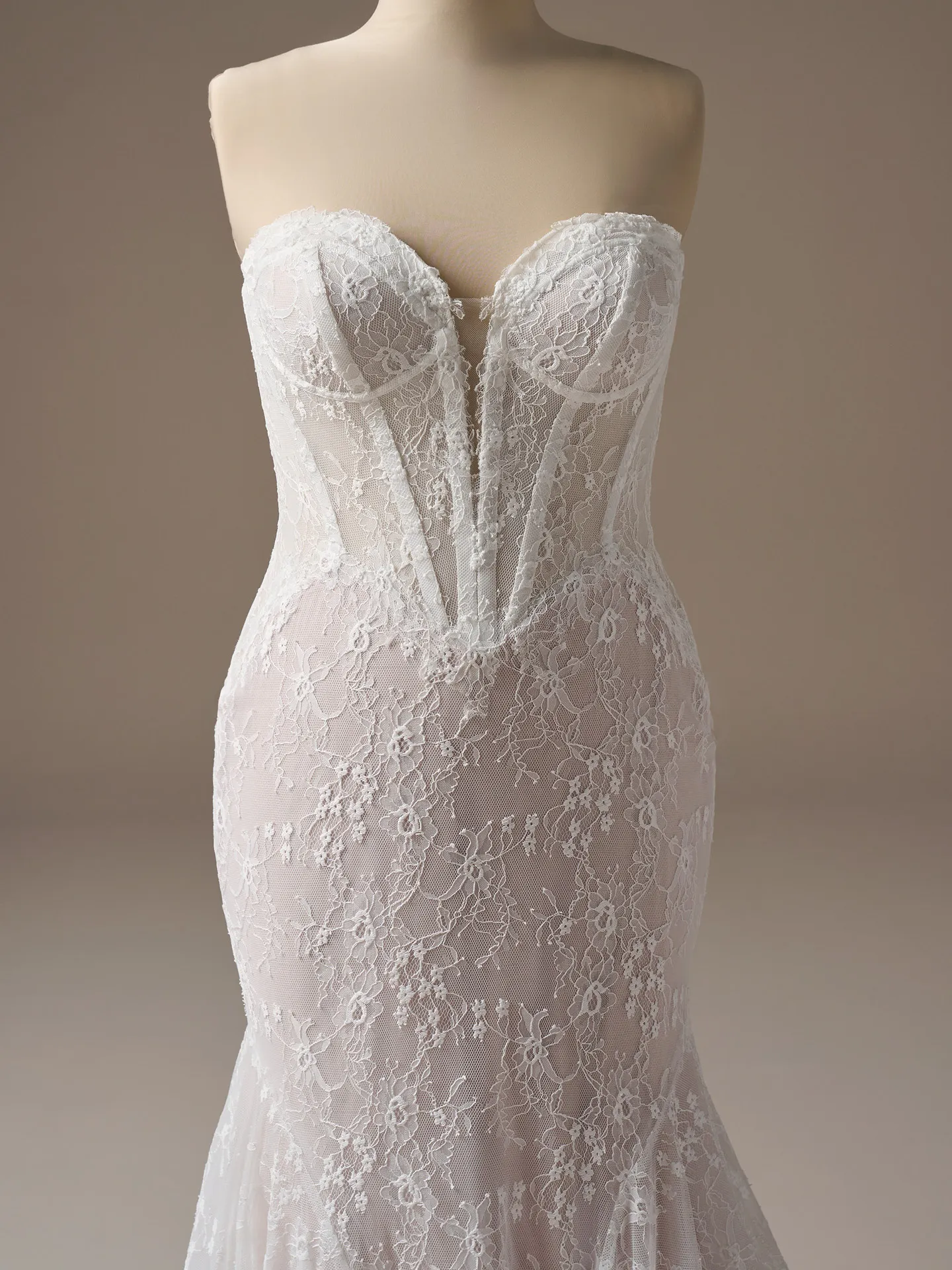 Maggie Sottero Bellevue, front view strapless lace mermaid wedding dress.