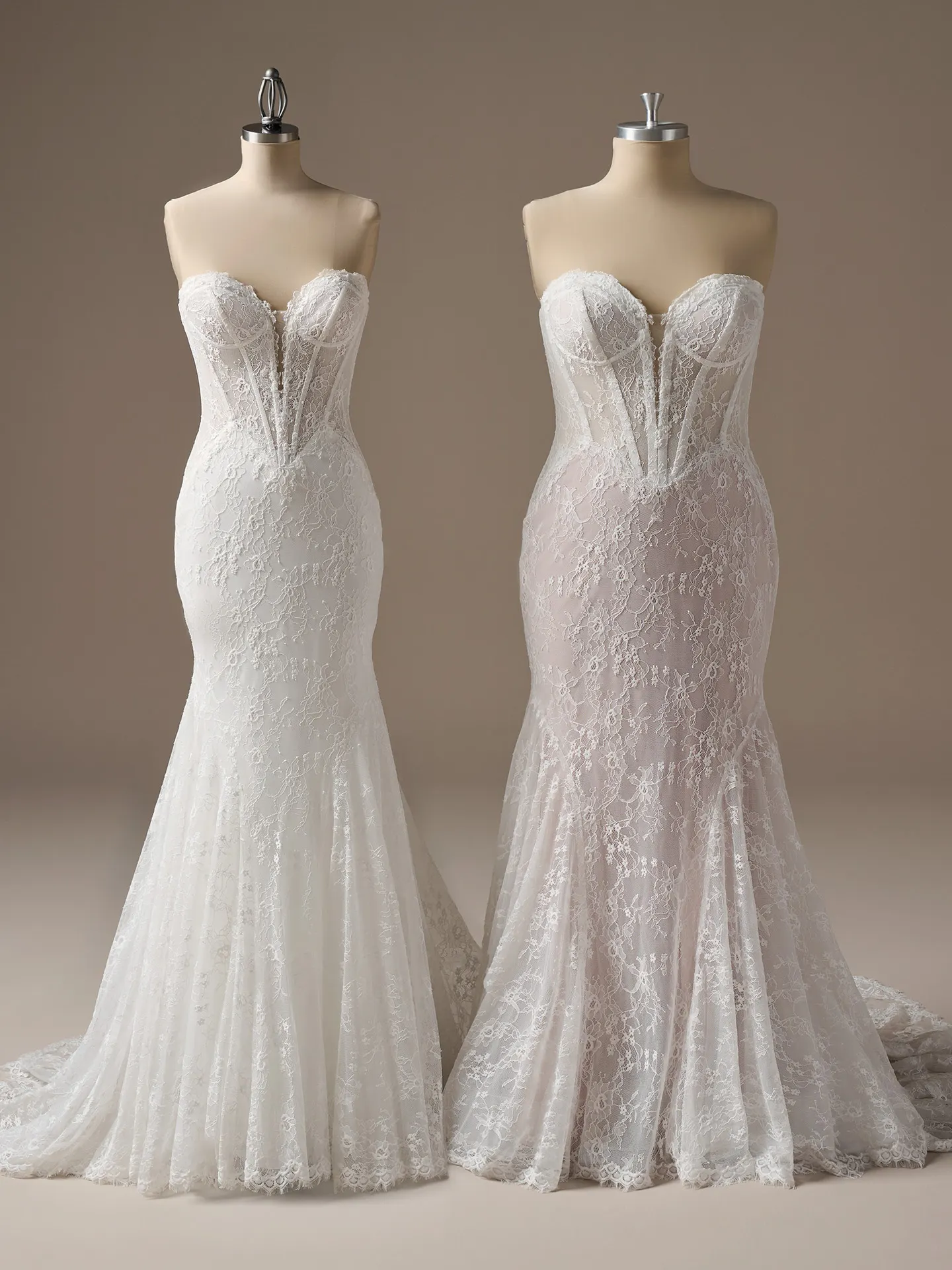 Maggie Sottero Bellevue strapless lace mermaid dresses on display mannequins, front view.