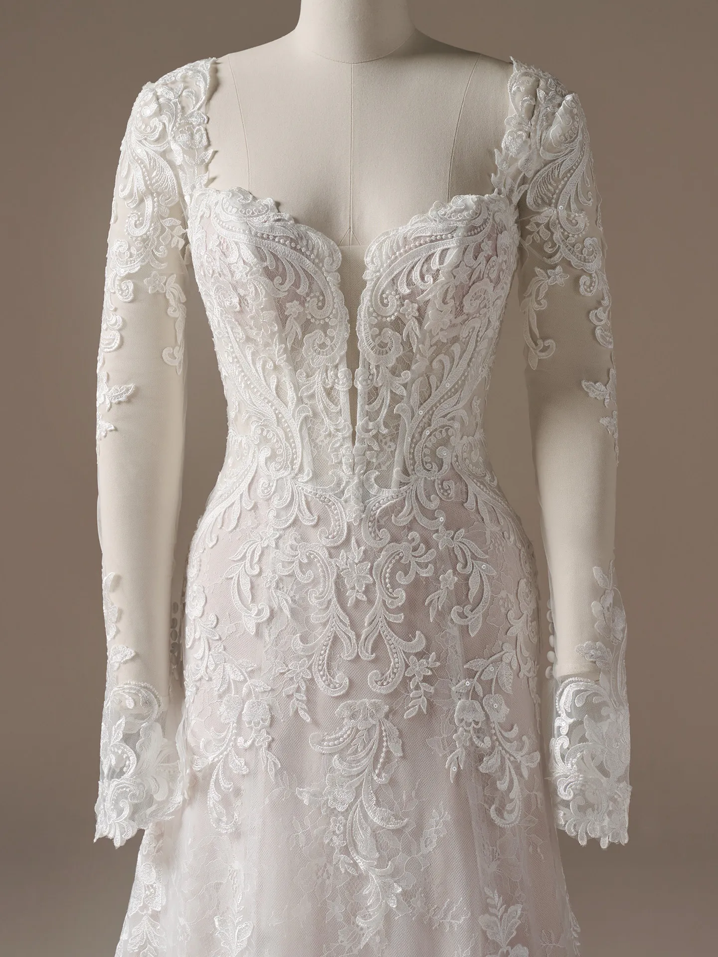 Farrah plunging sequin lace A-line dress, front view Maggie Sottero.