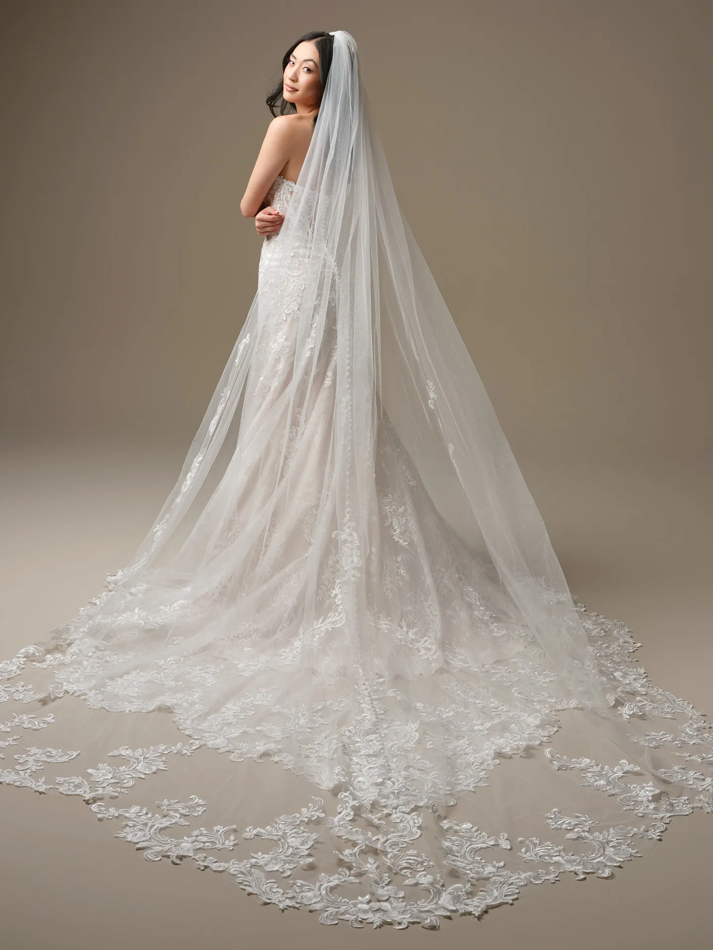 Maggie Sottero Farrah, back view with long lace veil.