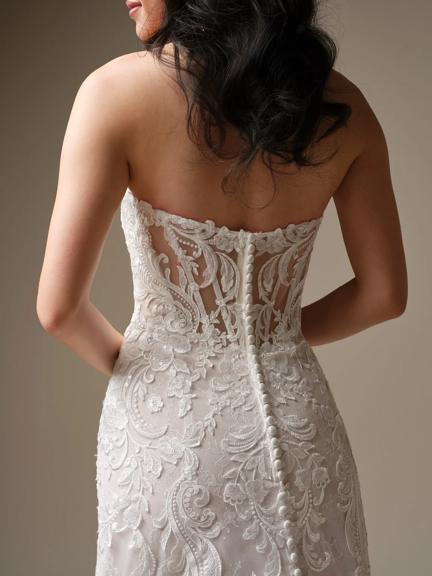 Maggie Sottero Farrah, back view lace details.