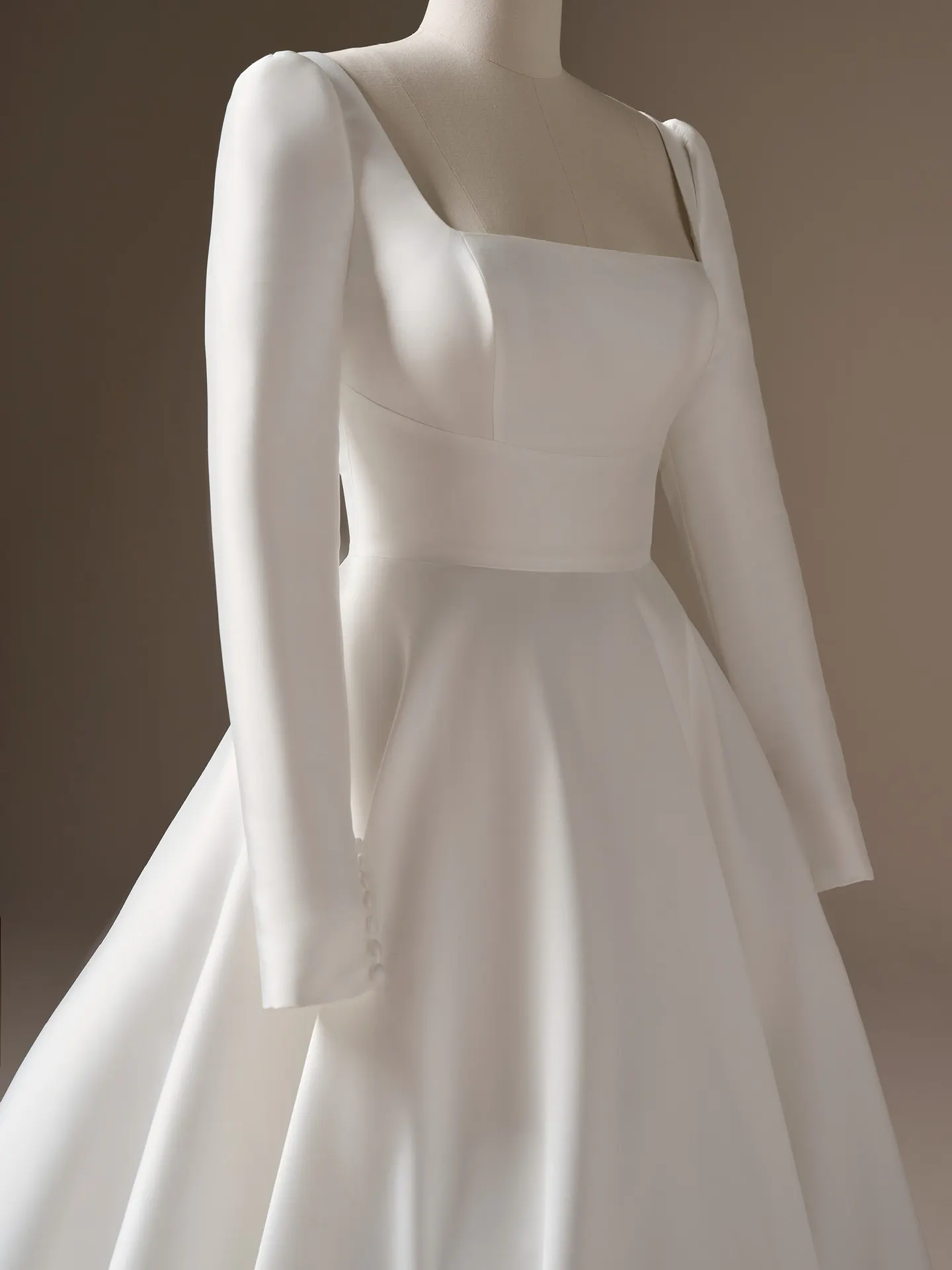 Maggie Sottero Galina square neck A-line dress, front, side view.