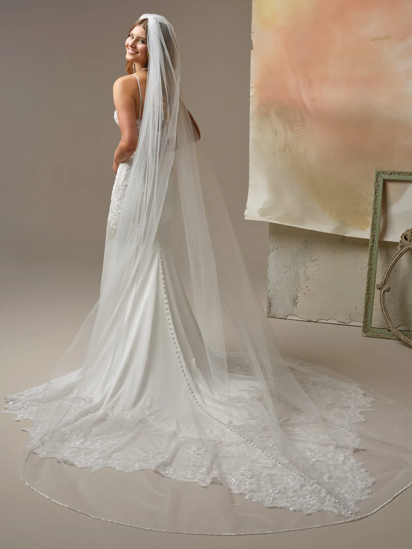 Maggie Sottero India beaded cat eye sheath dress, back view with long veil.