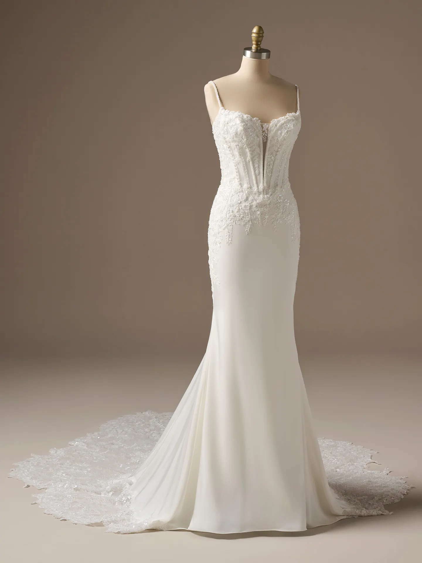 India beaded cat eye sheath wedding dress, front view Maggie Sottero.