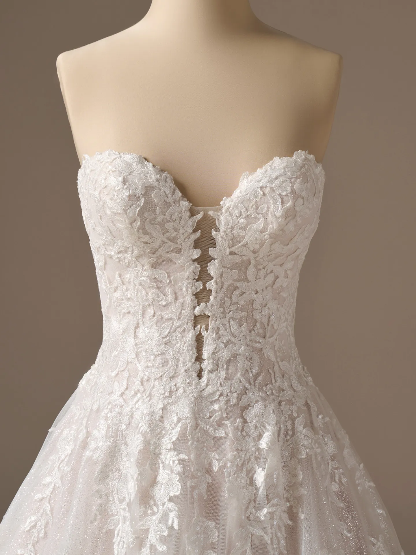 Maggie Sottero Jennifer A-Line lace wedding dress, front view.