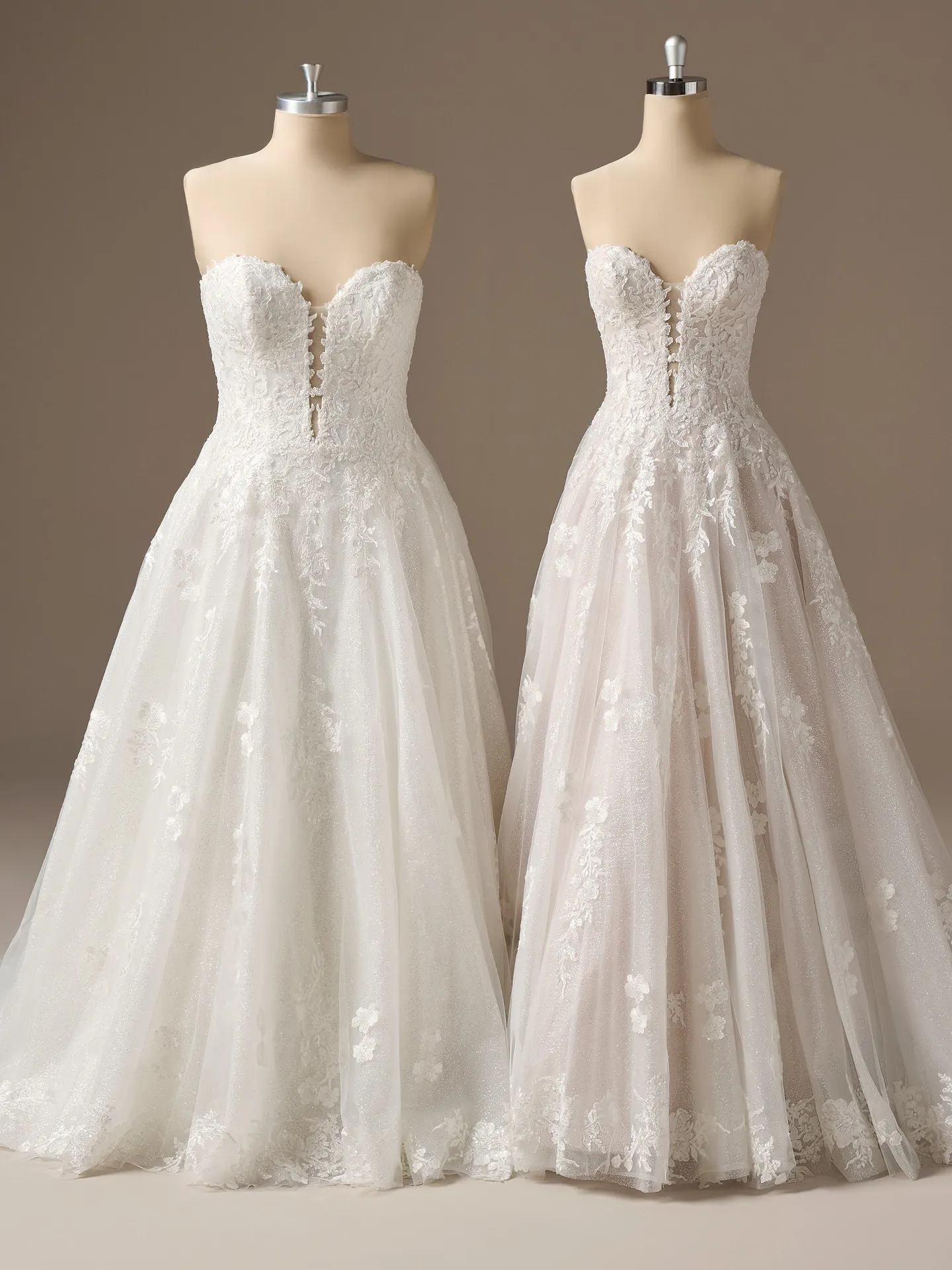 Maggie Sottero A-line wedding dress, front view on mannequins.