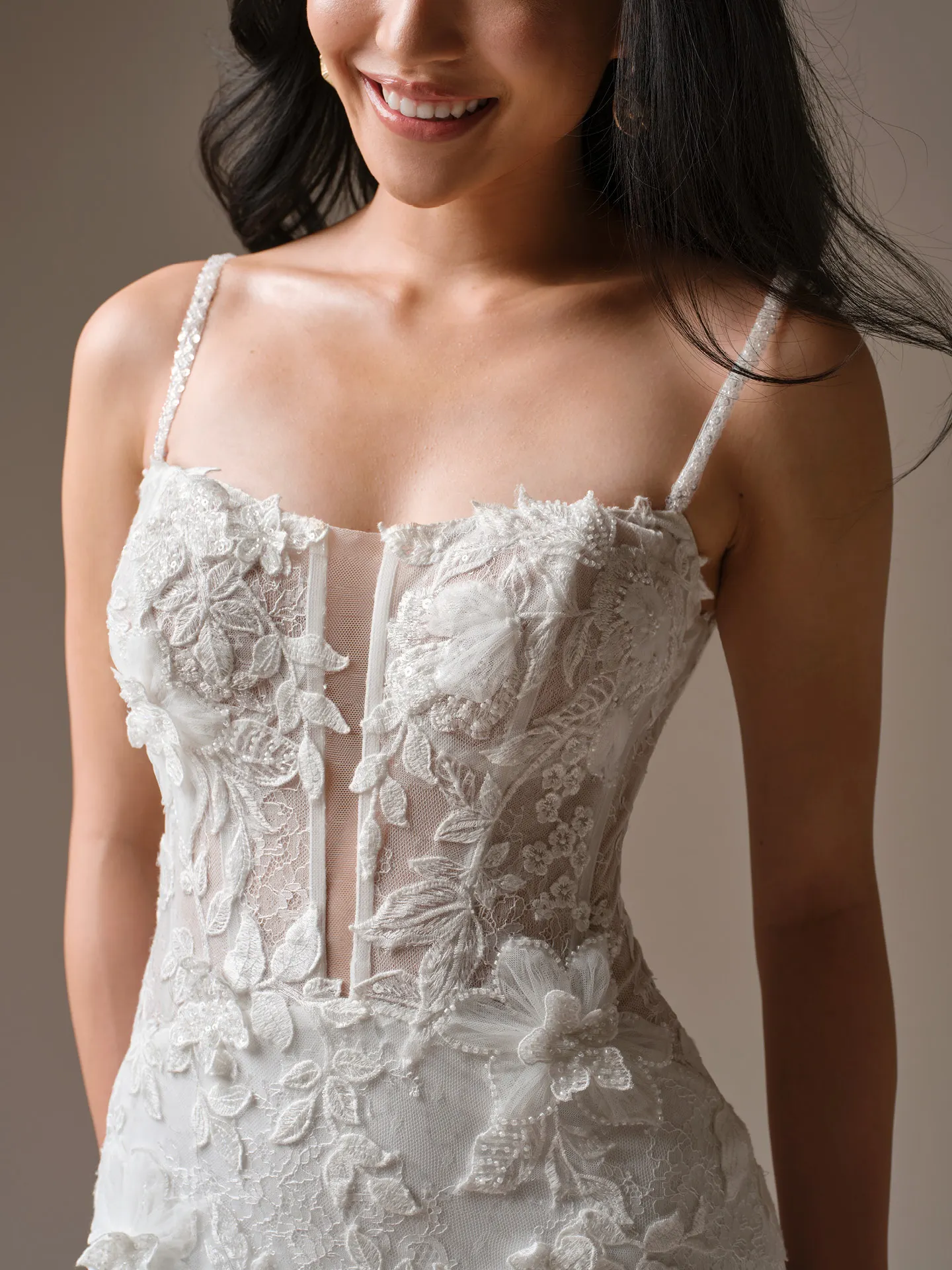 Maggie Sottero Laurie, front view lace details fit-and-flare wedding dress.