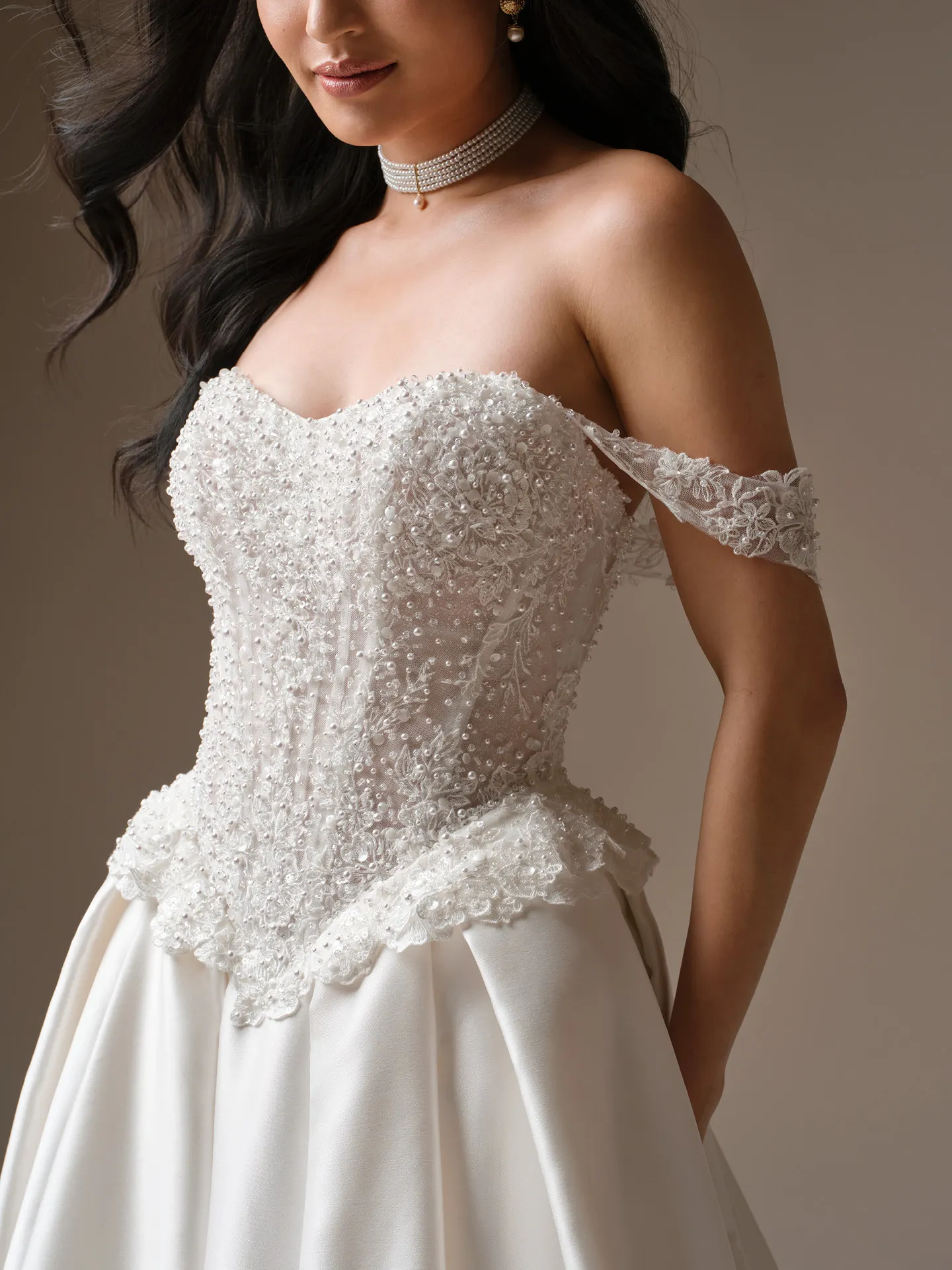 Maggie Sottero London strapless beaded lace ballgown, front view.