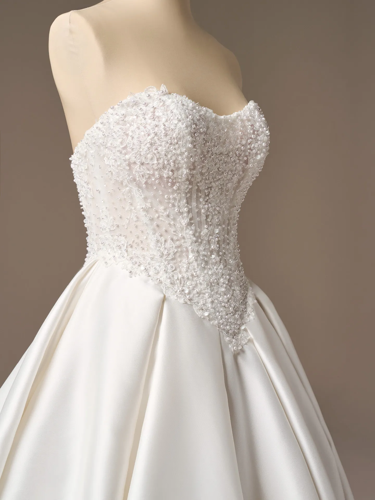 Maggie Sottero London beaded lace strapless ballgown, front view.