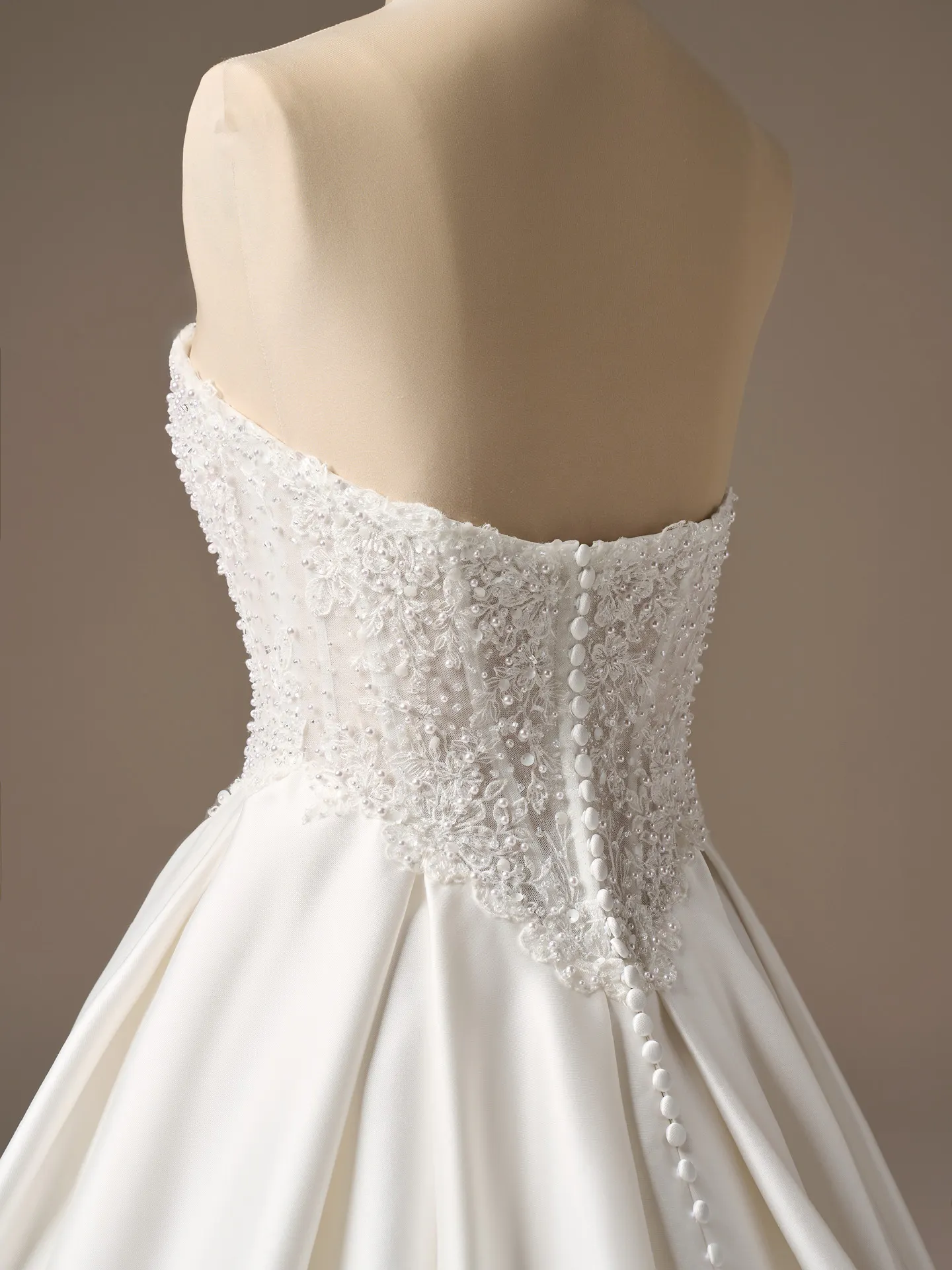 London, back view strapless beaded lace ballgown dress by Maggie Sottero.