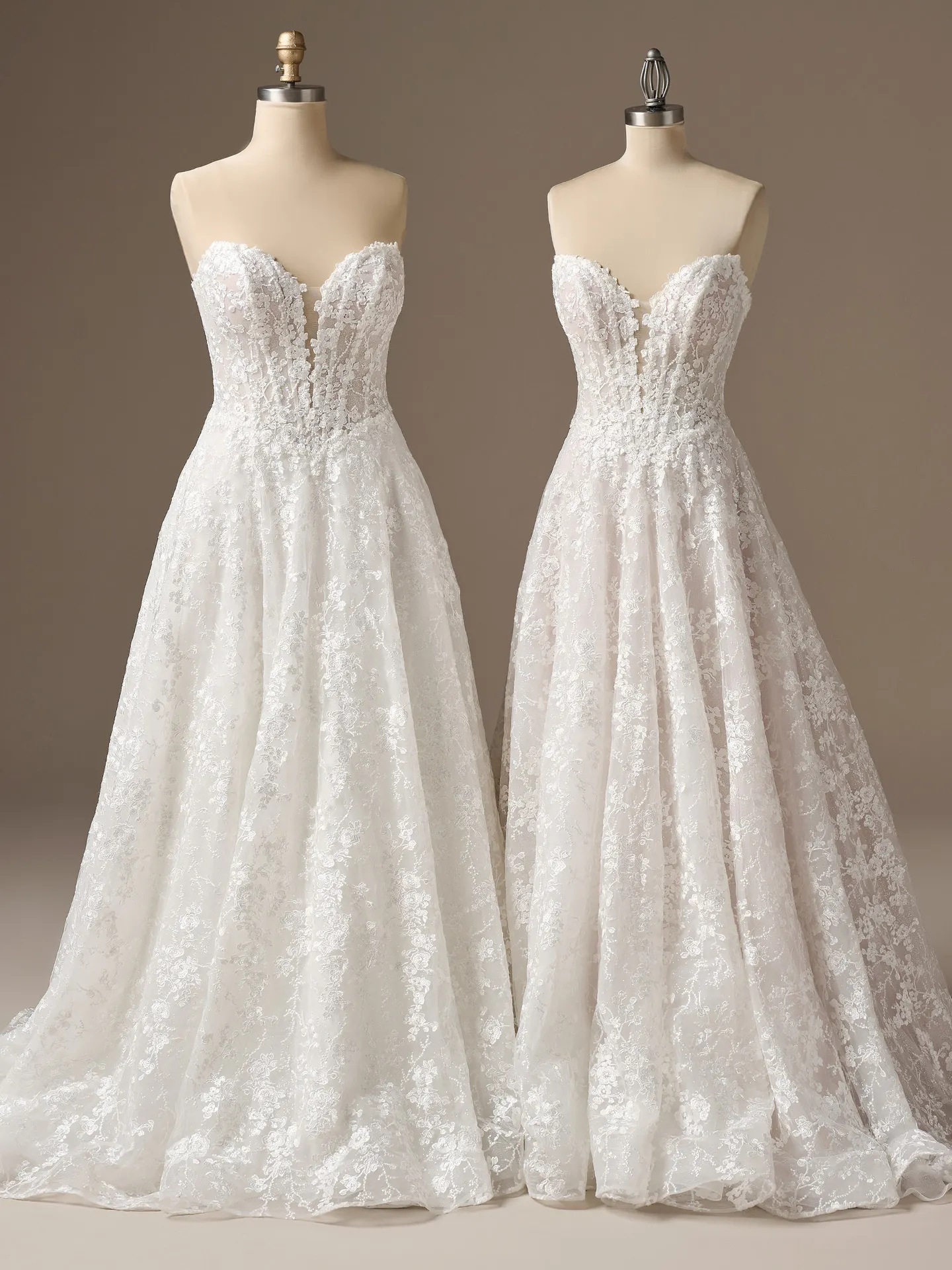 Maggie Sottero Memphis A-Line wedding dress, front view on mannequin with lace detail.