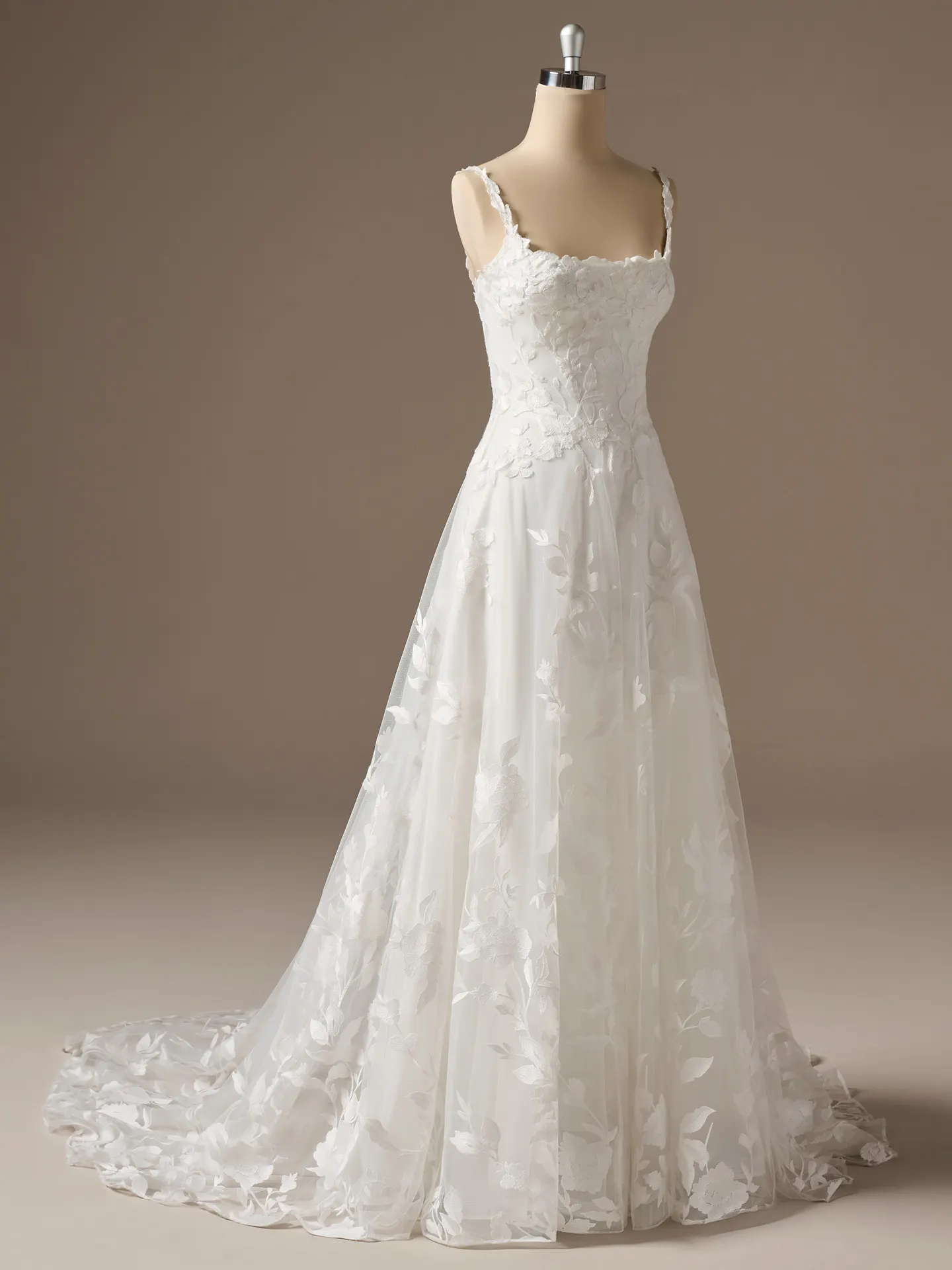 Maggie Sottero Natalie floral A-line wedding dress, front view on mannequin.