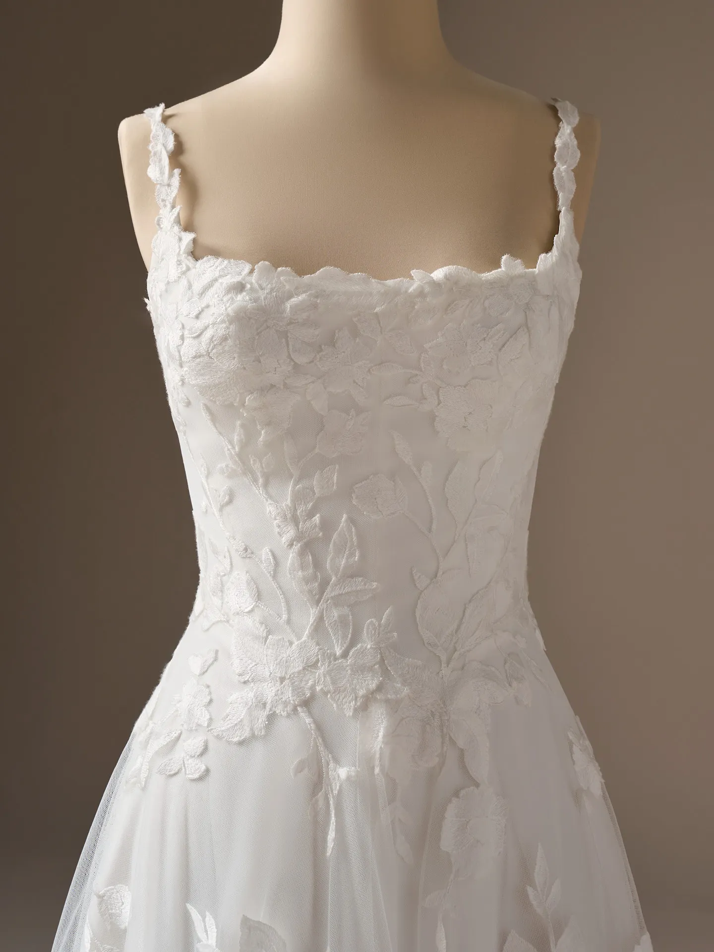 Maggie Sottero Natalie, front view floral A-line dress with lace straps.
