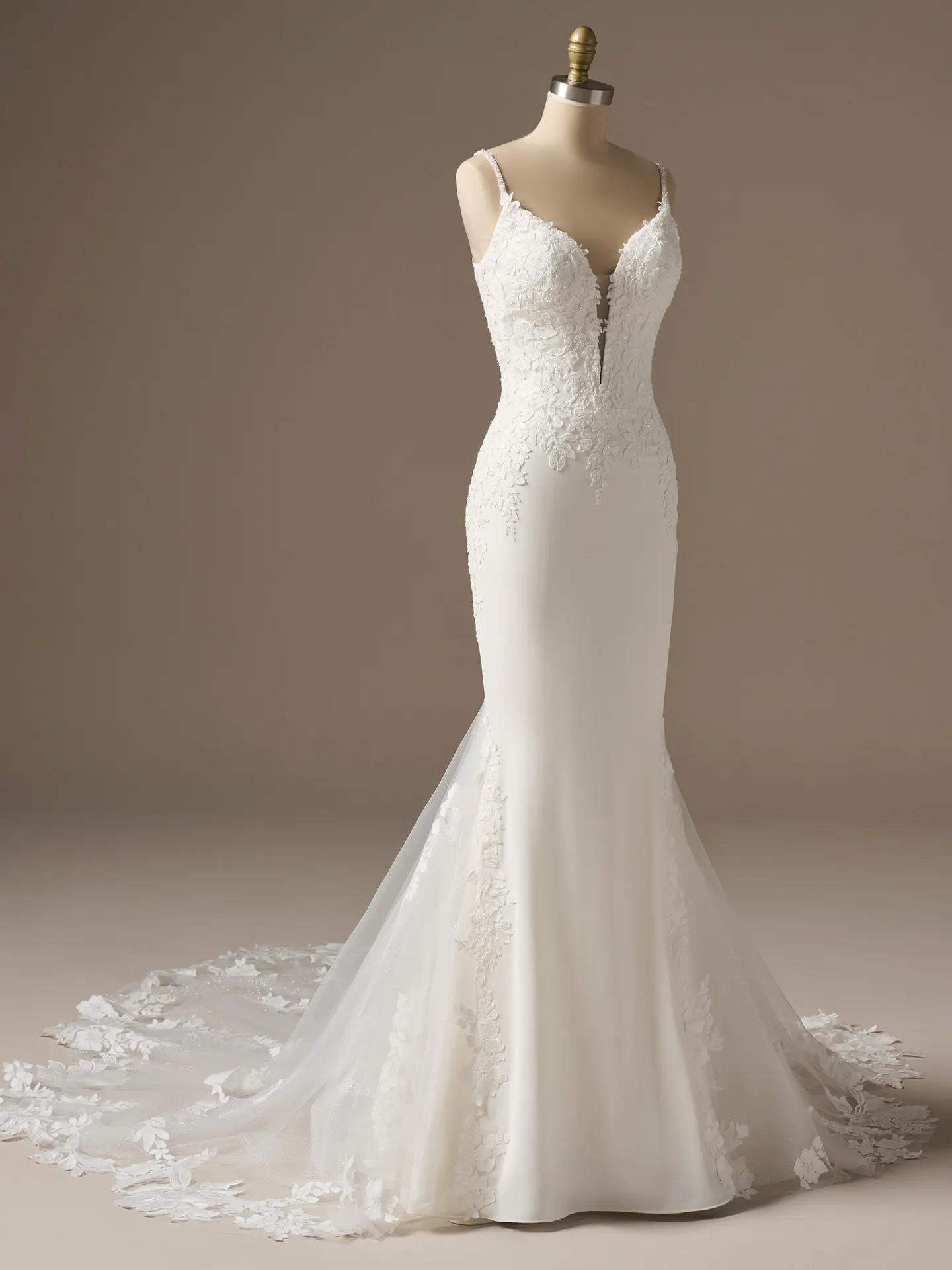 Maggie Sottero Noelle beaded lace sheath wedding dress, front view.