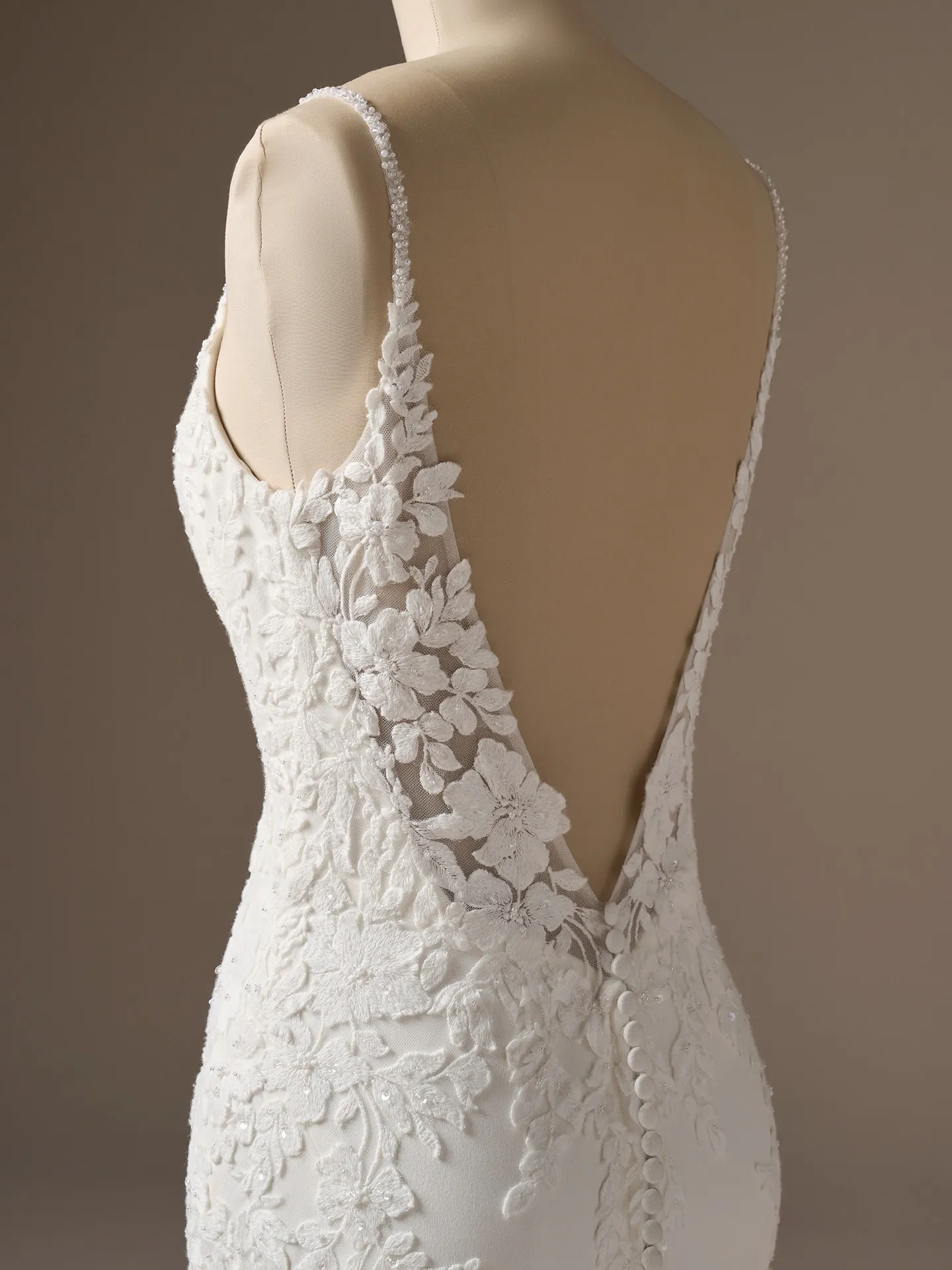 Maggie Sottero noelle, back view beaded lace sheath wedding dress maggie sottero.