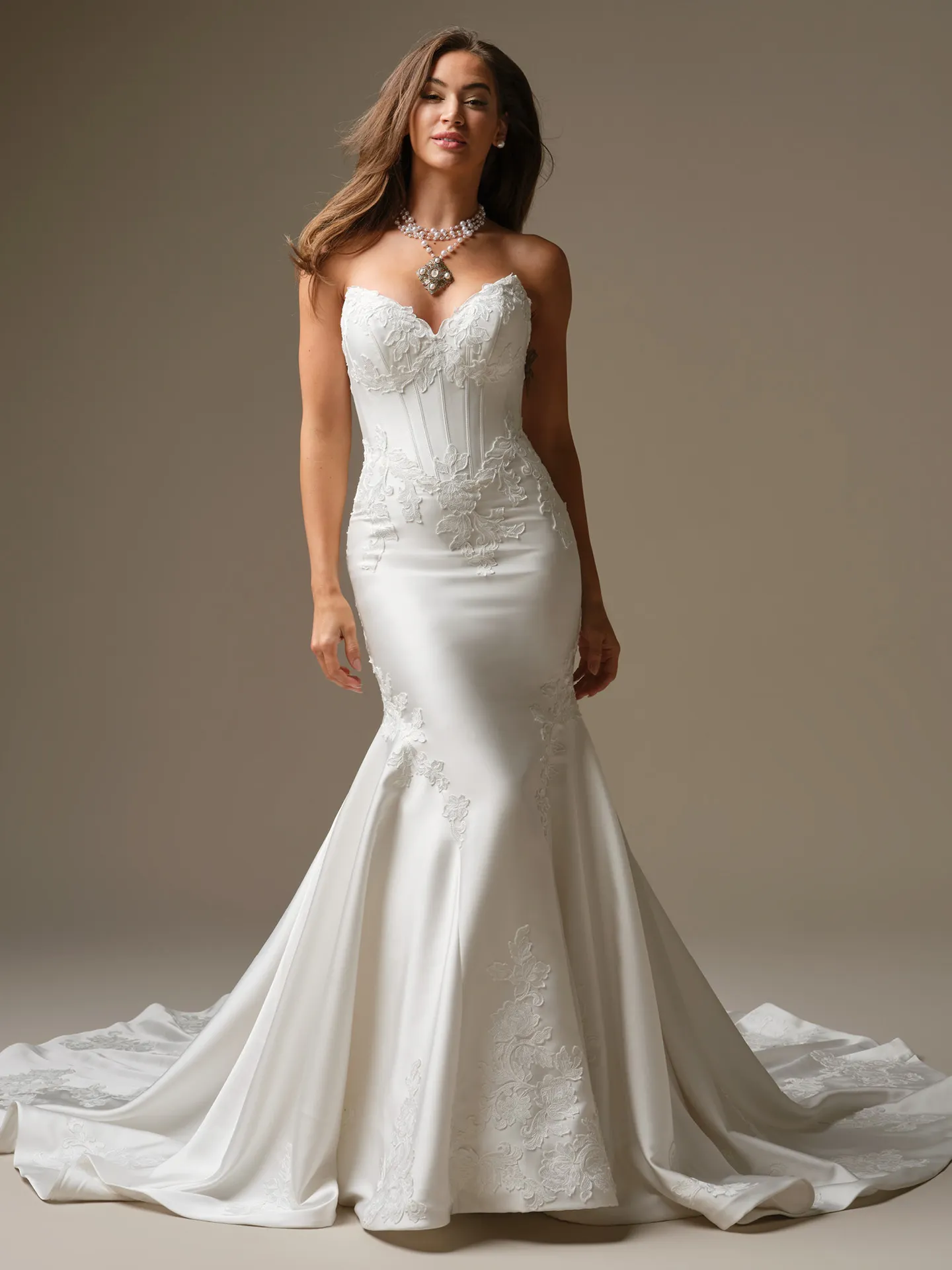 Serafina satin ball gown, front view with basque waist and floral lace.