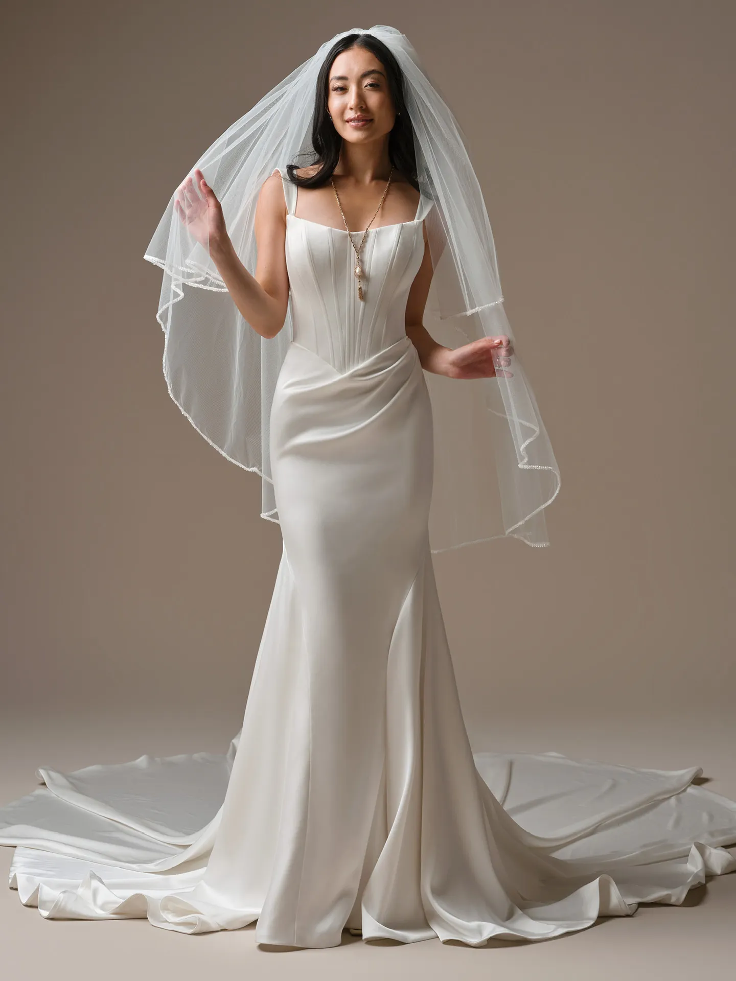 Sinclaire Cat Eye sheath wedding dress, front view Maggie Sottero.