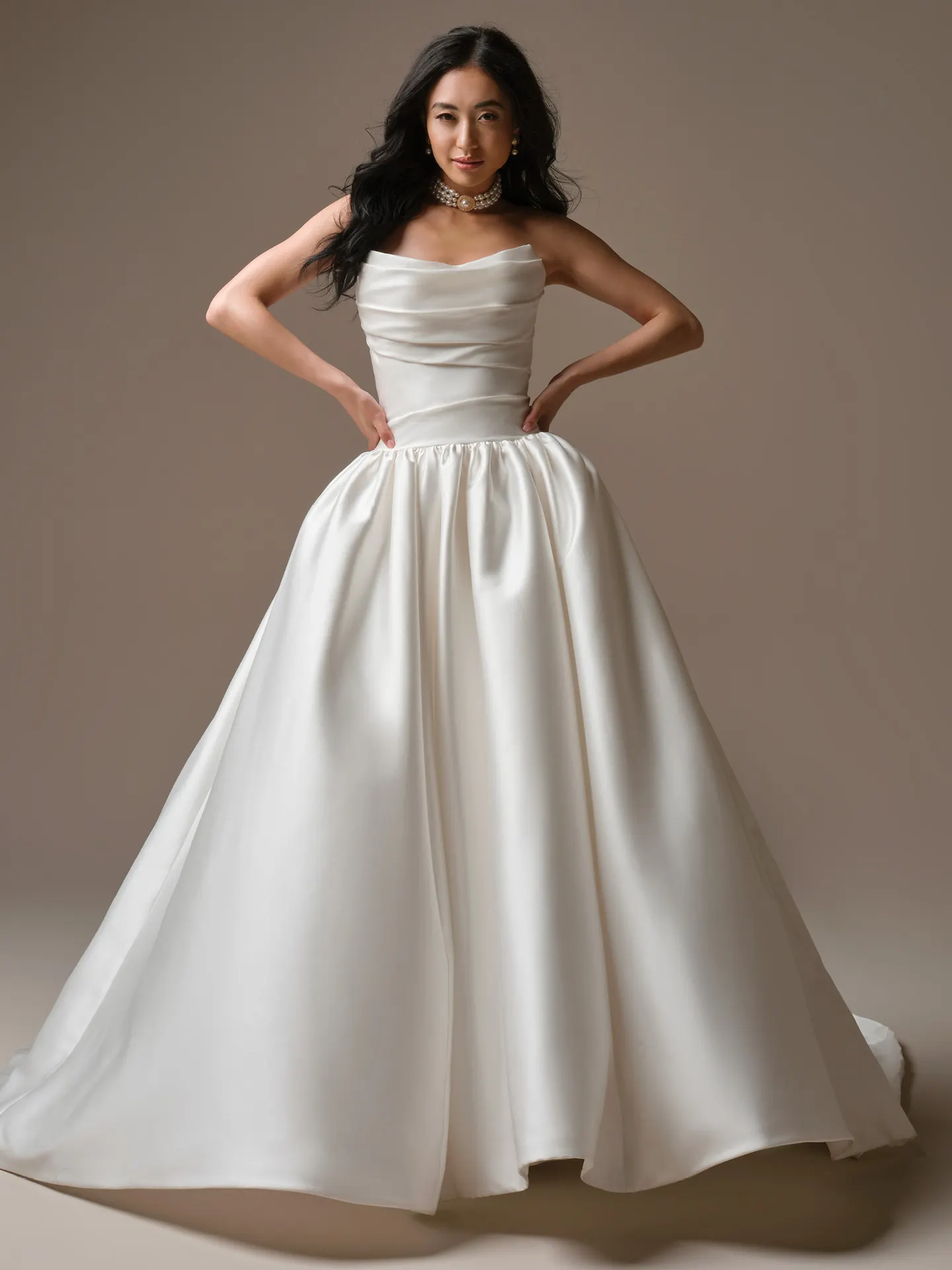 Maggie Sottero Sylvana satin A-line wedding dress front view.