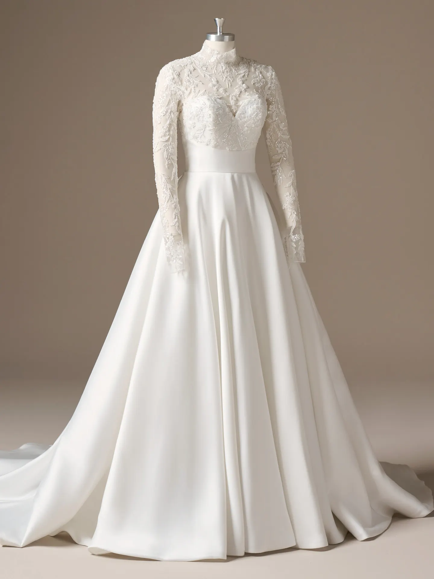 Maggie Sottero Trinity A-Line, front view, lace mock neck and sleeves.