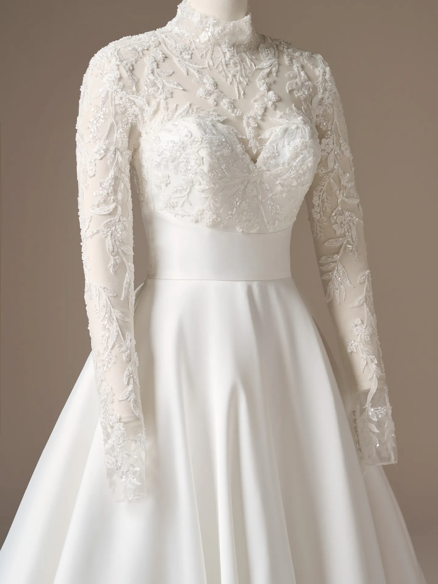 Maggie Sottero Trinity lace sleeves mock neck, front view.