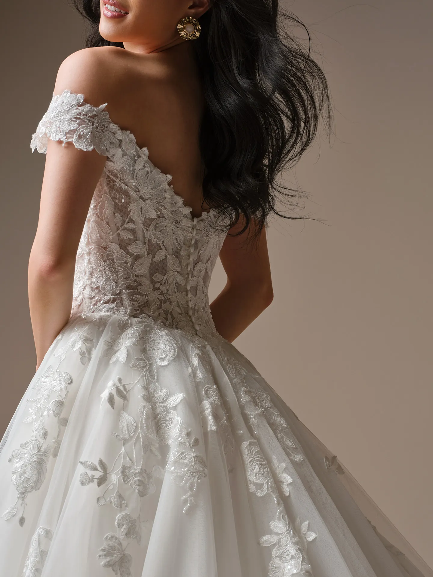 Maggie Sottero Verina, back view lace A-line wedding dress.