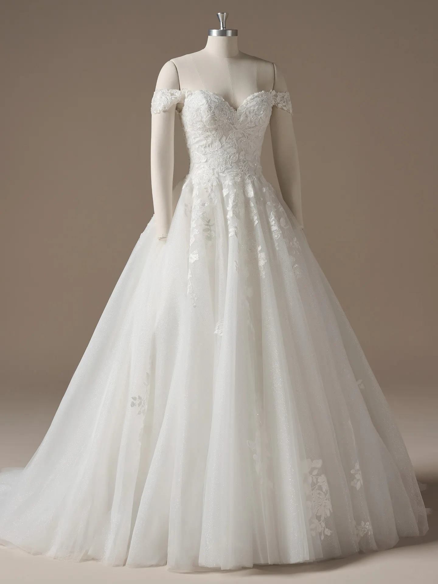 Maggie Sottero Verina off-shoulder lace A-line wedding dress front view.
