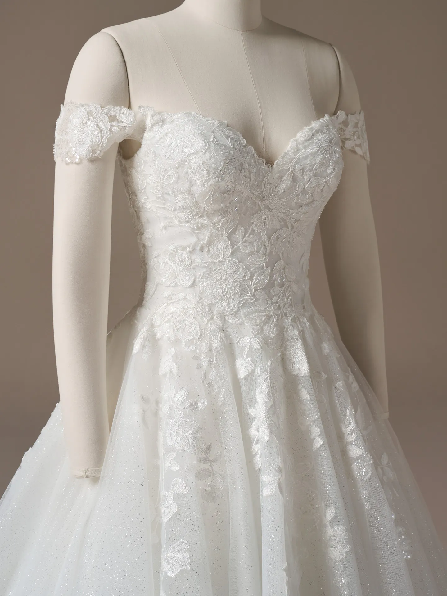 Maggie Sottero Verina, front view, off-shoulder lace A-line wedding dress.