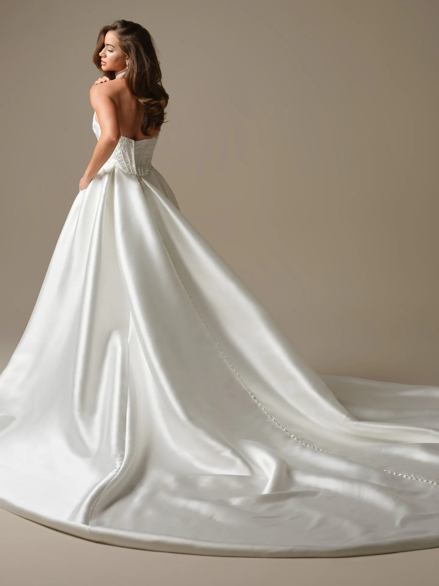 Maggie Sottero Wyntelle, back view with long satin train.