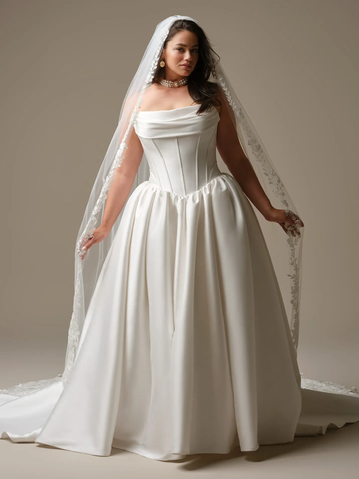 Maggie Sottero Yuma, front view ballgown with cowl neck and basque waist.