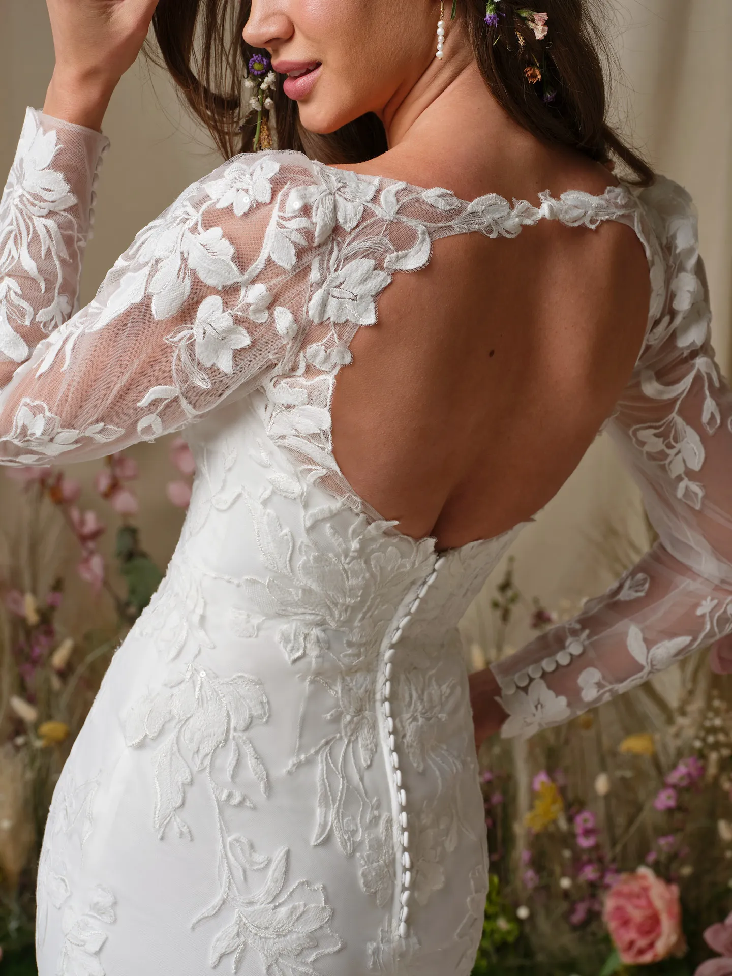 Rebecca Ingram Aubra, back view lace fit-and-flare keyhole wedding dress.
