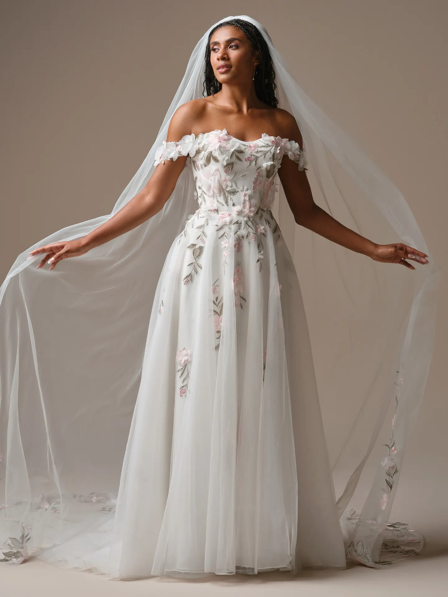 Rebecca Ingram Blossom, front view 3-D floral lace A-Line wedding dress with veil.