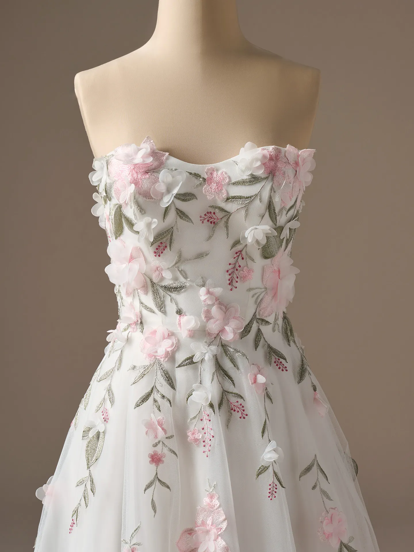 Rebecca Ingram Blossom floral lace strapless A-line dress, front view.