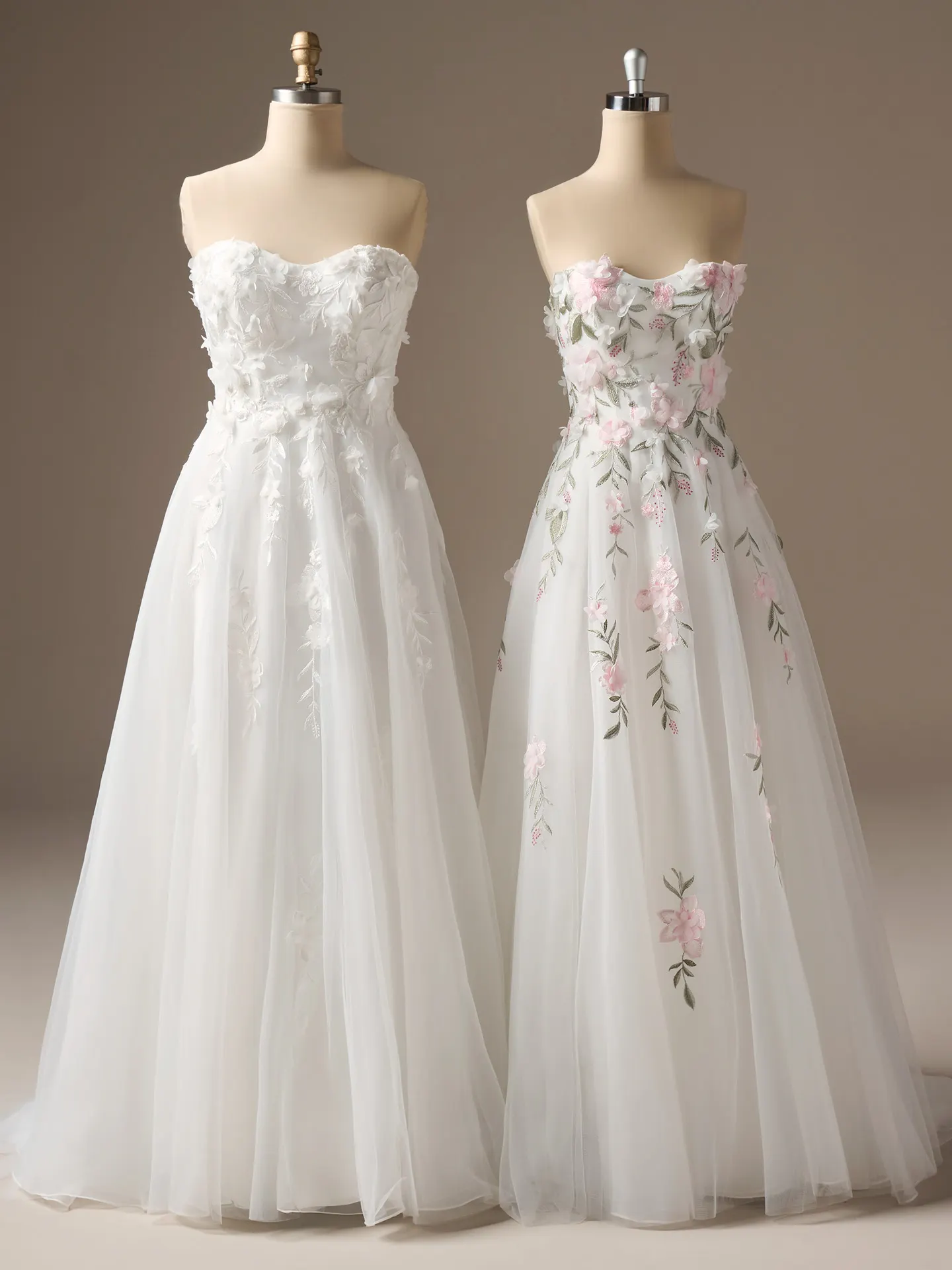 Rebecca Ingram Blossom strapless 3-D floral lace A-line wedding dresses, front view.