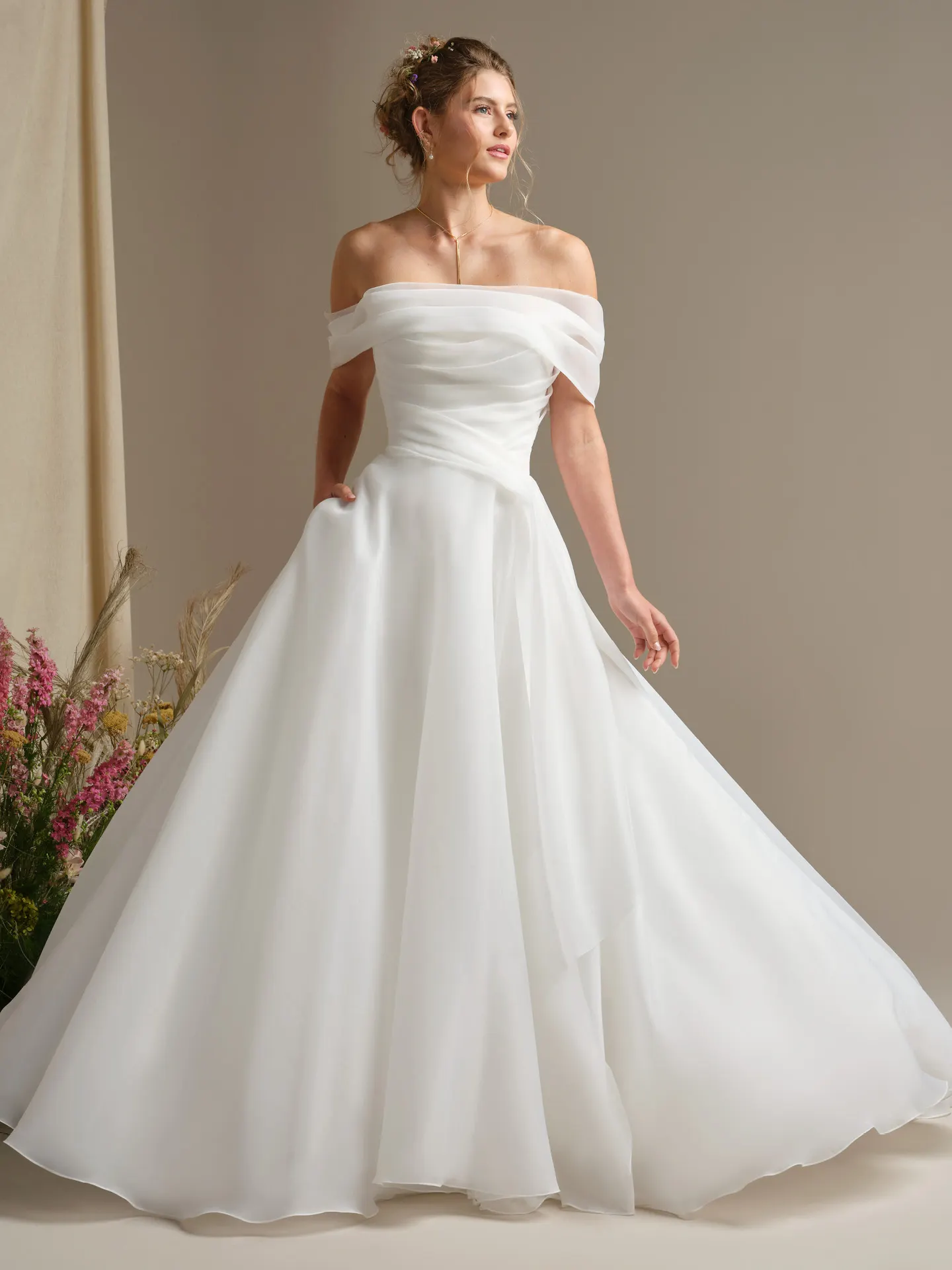 Rebecca Ingram Dezi cat-eye neckline pleated organza ballgown, front view.