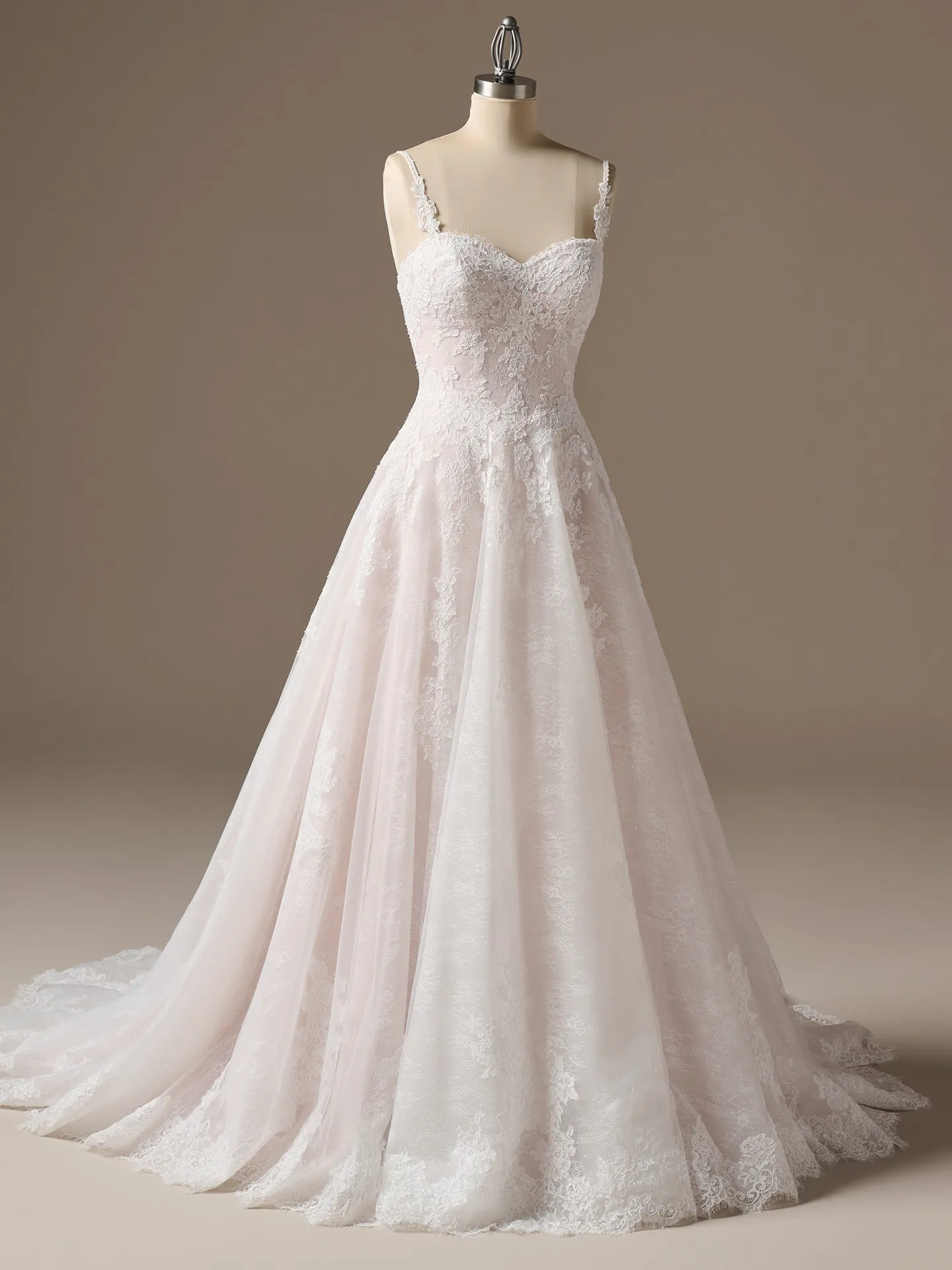 Rebecca Ingram Esmeralda front view lace A-line wedding dress mannequin