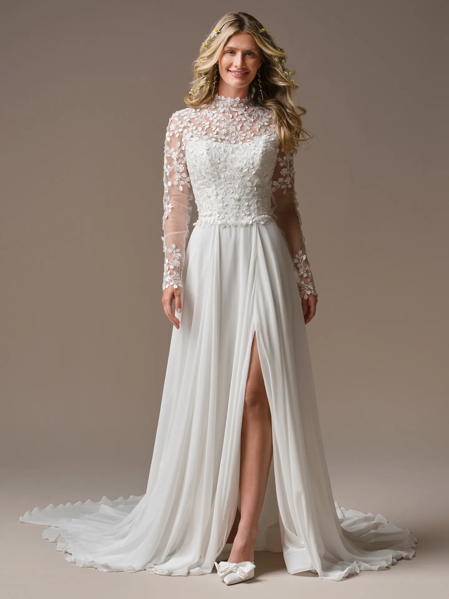 Rebecca Ingram Georgina front view A-line dress with lace sleeves and leg slit