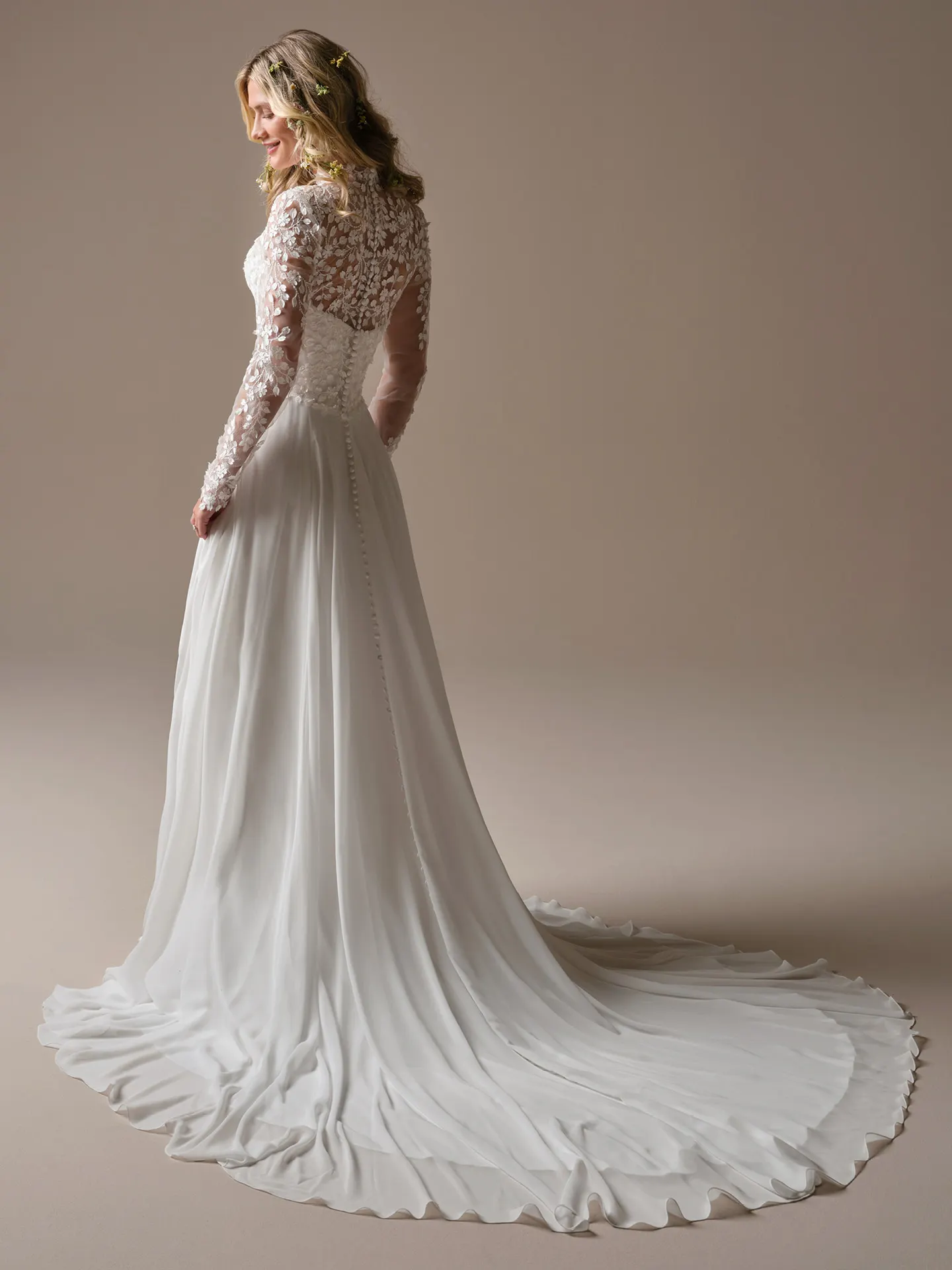 Rebecca Ingram Georgina A-line back view with lace sleeves and long train