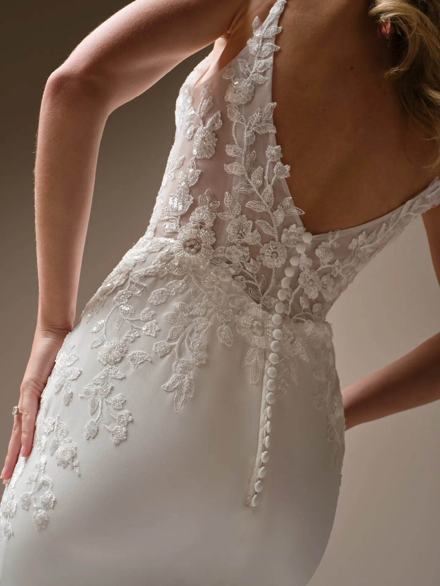 Rebecca Ingram Holly back view with lace details and buttoned closure