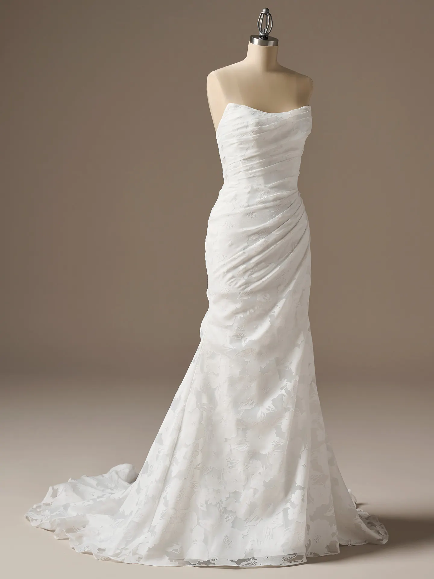 Rebecca Ingram Kendall sheath wedding dress front view displayed on mannequin