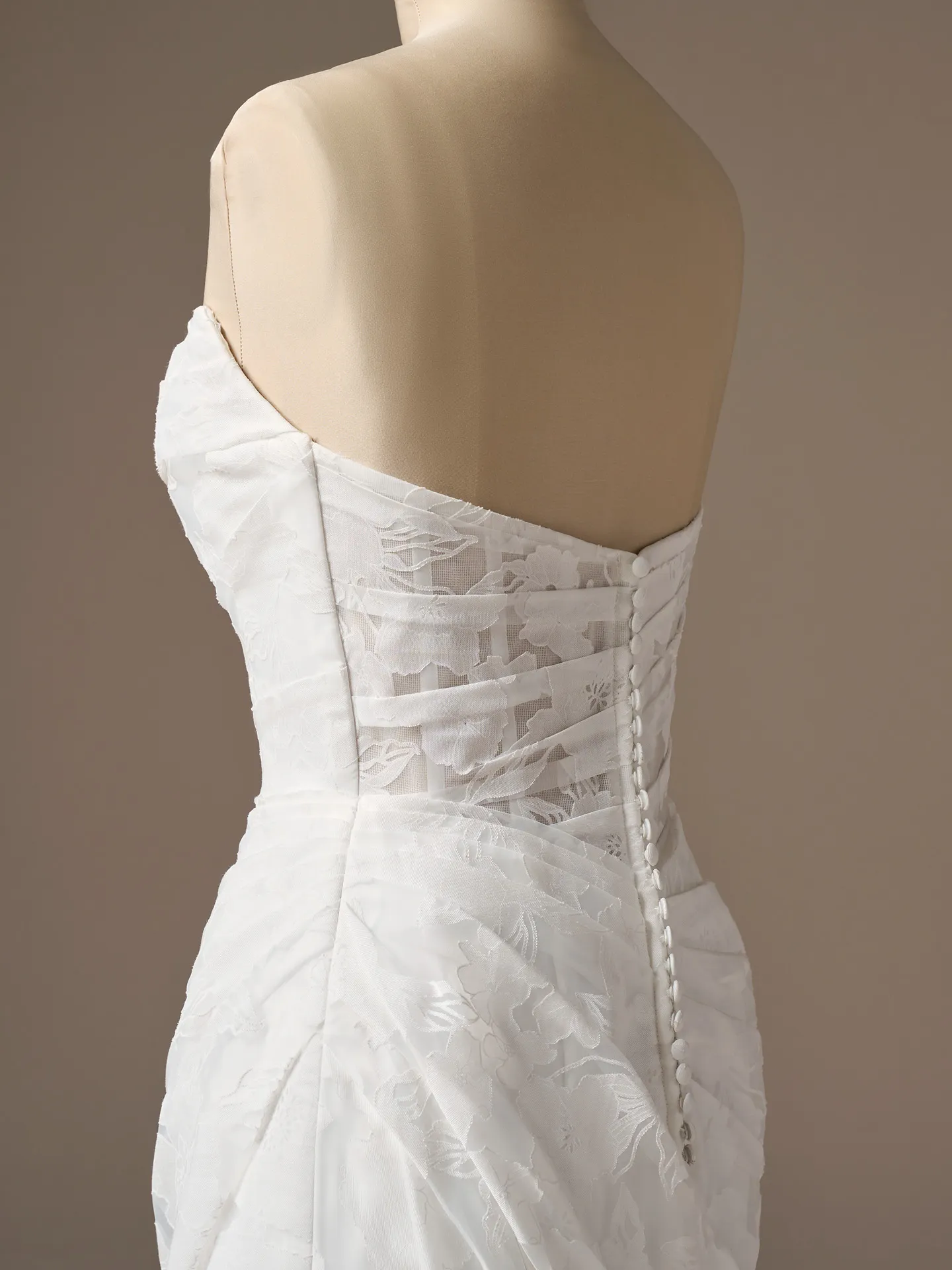 Rebecca Ingram Kendall back view, printed organza sheath wedding dress with button detail
